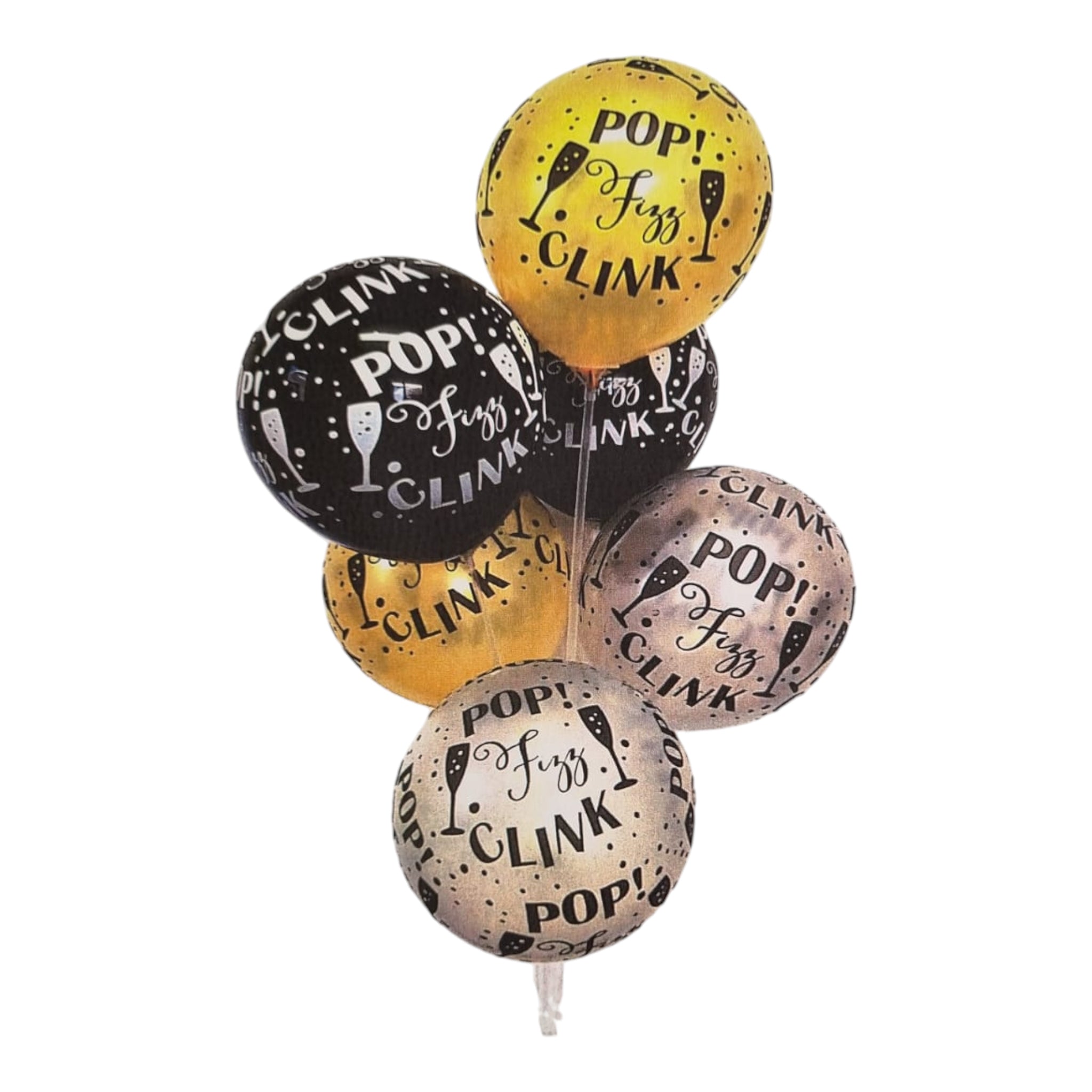 Foil Pop-Fizz-Clink Party Latex Balloons 6pack