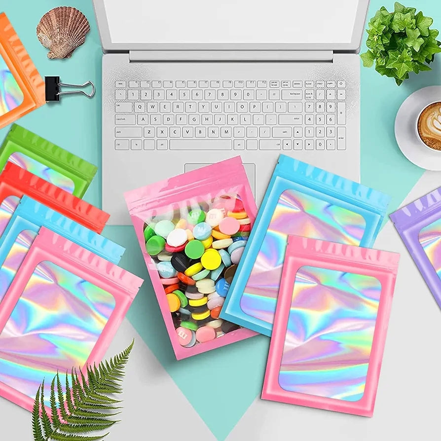 Holographic Resealable Mylar Pouch Bags Full Window Display 10pack