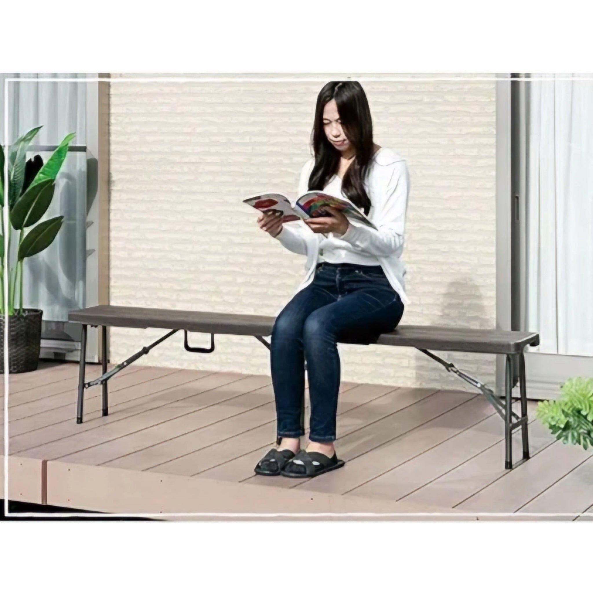 1.8m Folding Trestle Plastic Bench 6ft Wood Grain Finish