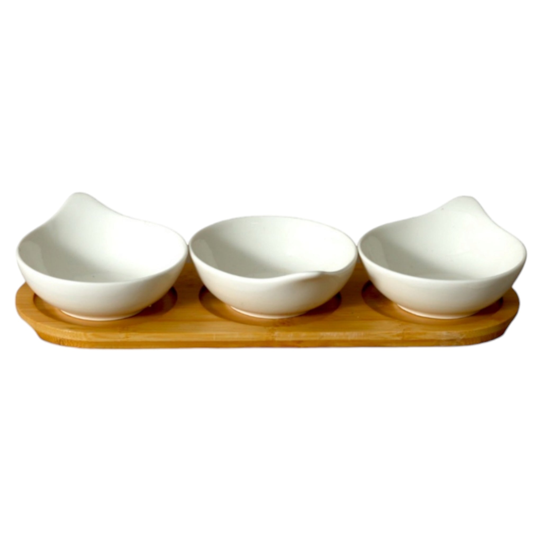 Cera Sauce Dip Bowl 3pc White with Wooden Base Stand 28x9cm
