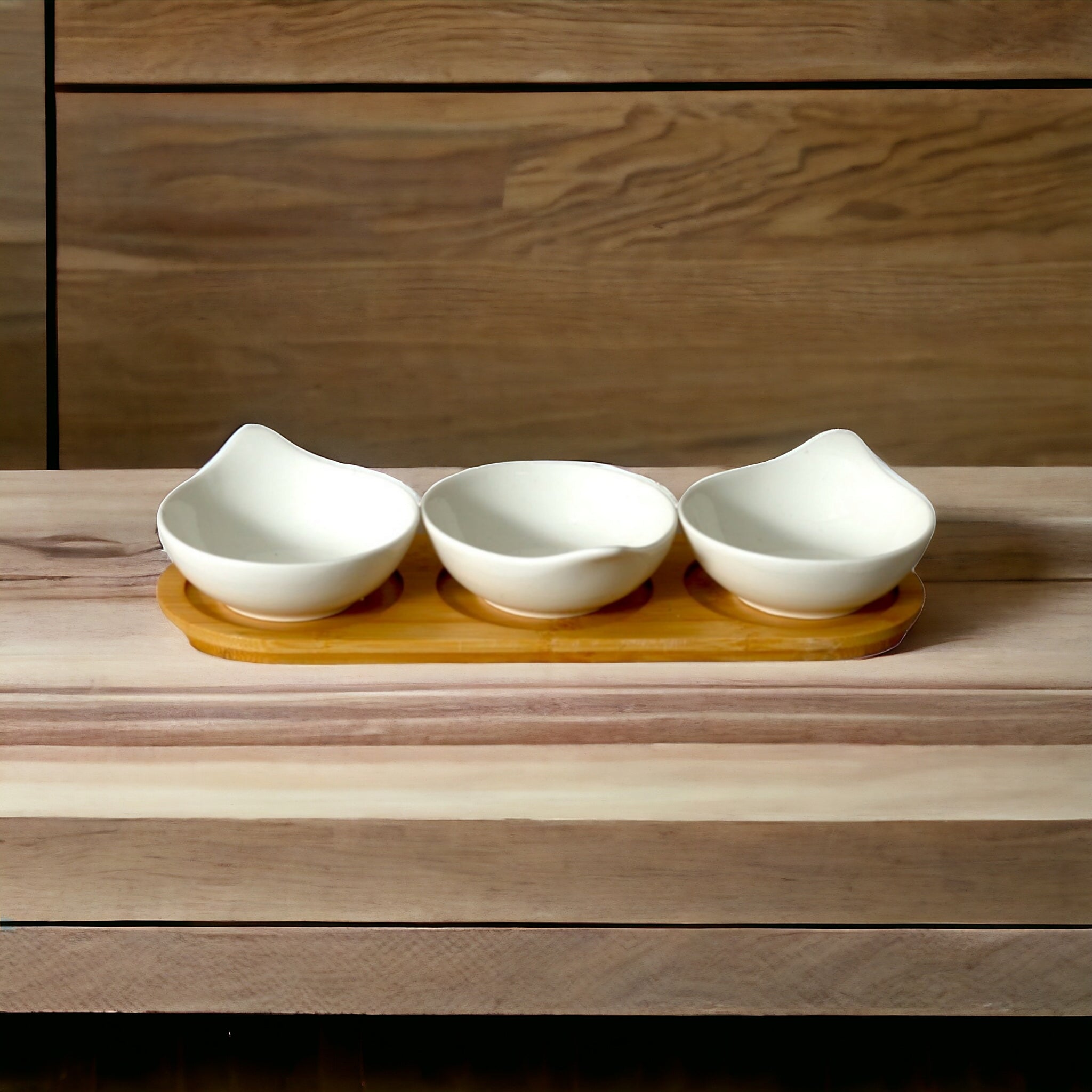 Cera Sauce Dip Bowl 3pc White  with Wooden Base Stand 28x9cm