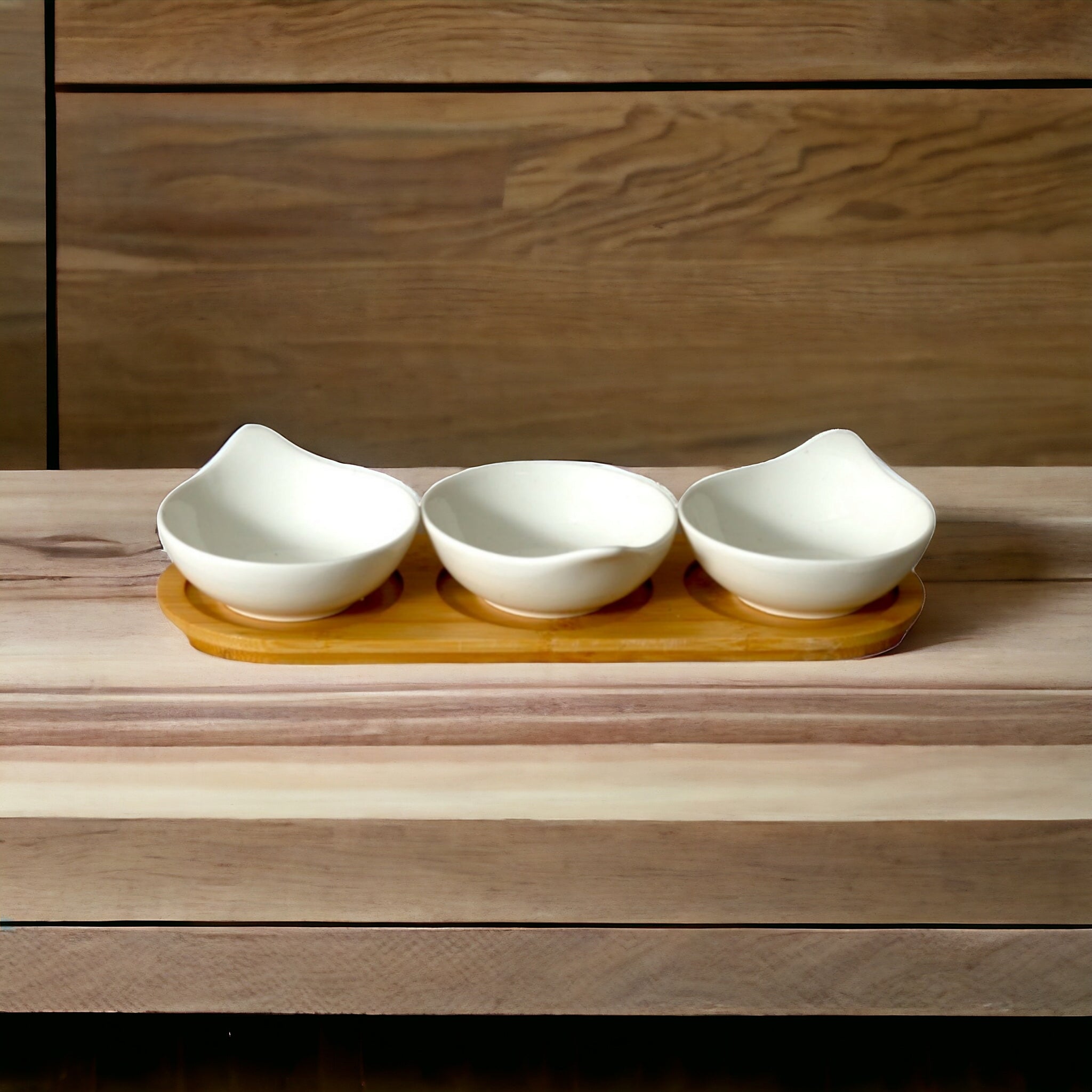 Cera Sauce Dip Bowl 3pc White with Wooden Base Stand 28x9cm