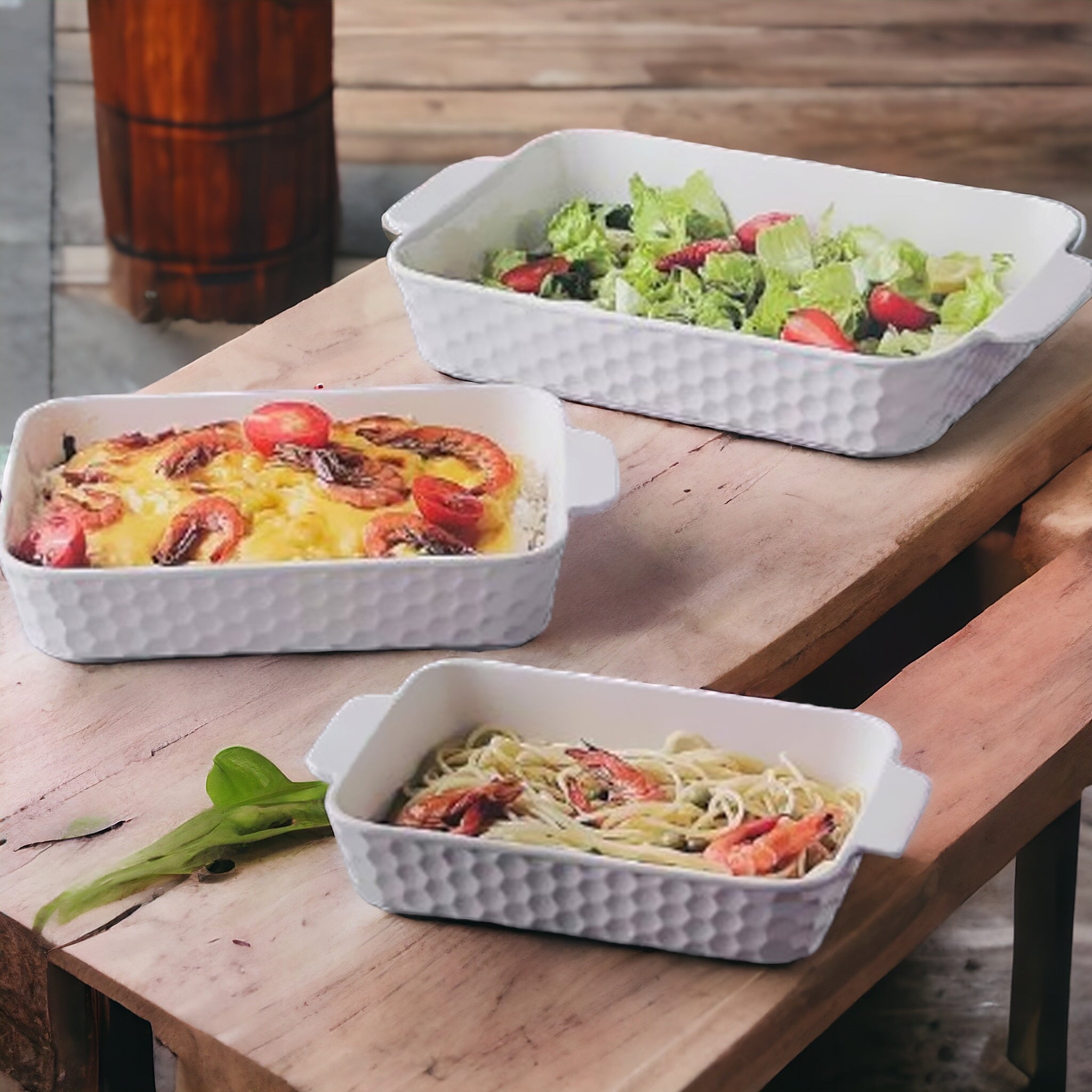 White Ceramic Casserole Baking Dish Rectangular 3pc Set 10-12-14inch