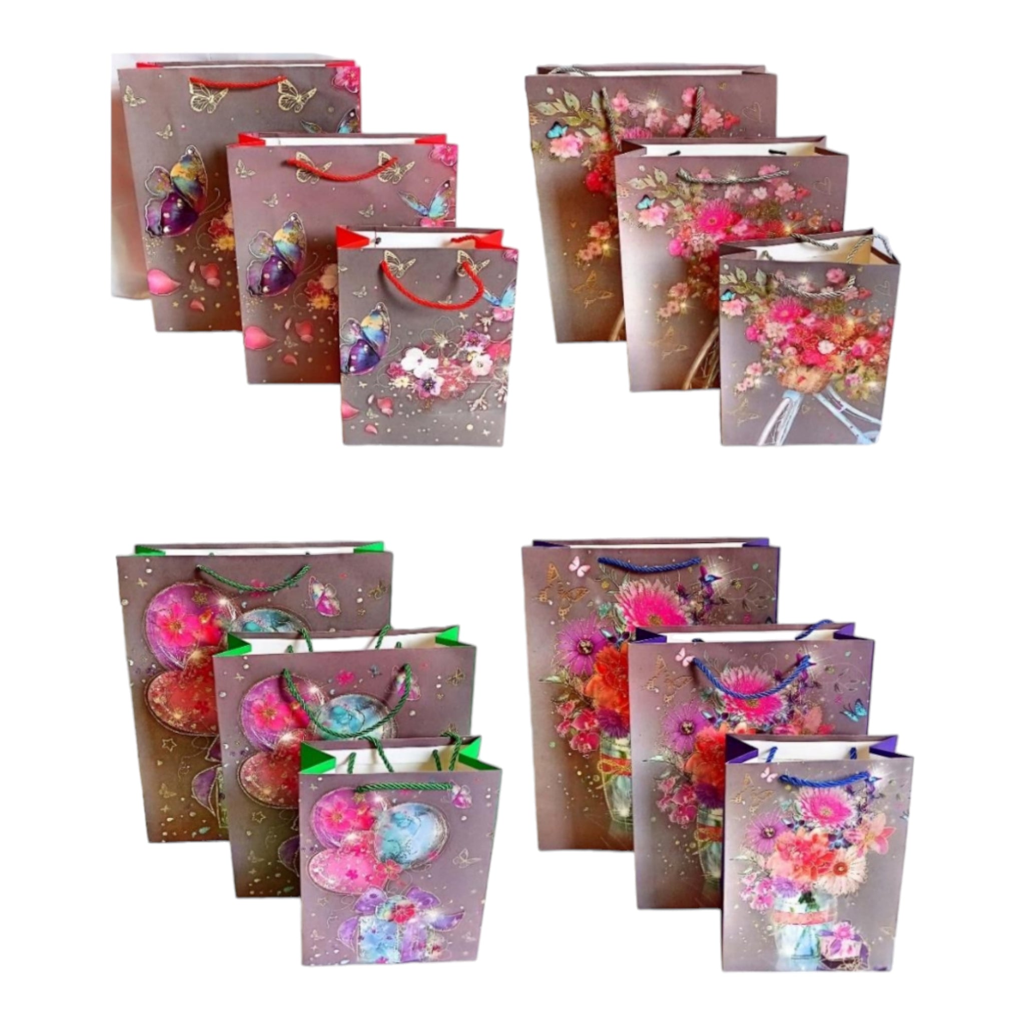 Gift Paper Bags Grey with Rose Print