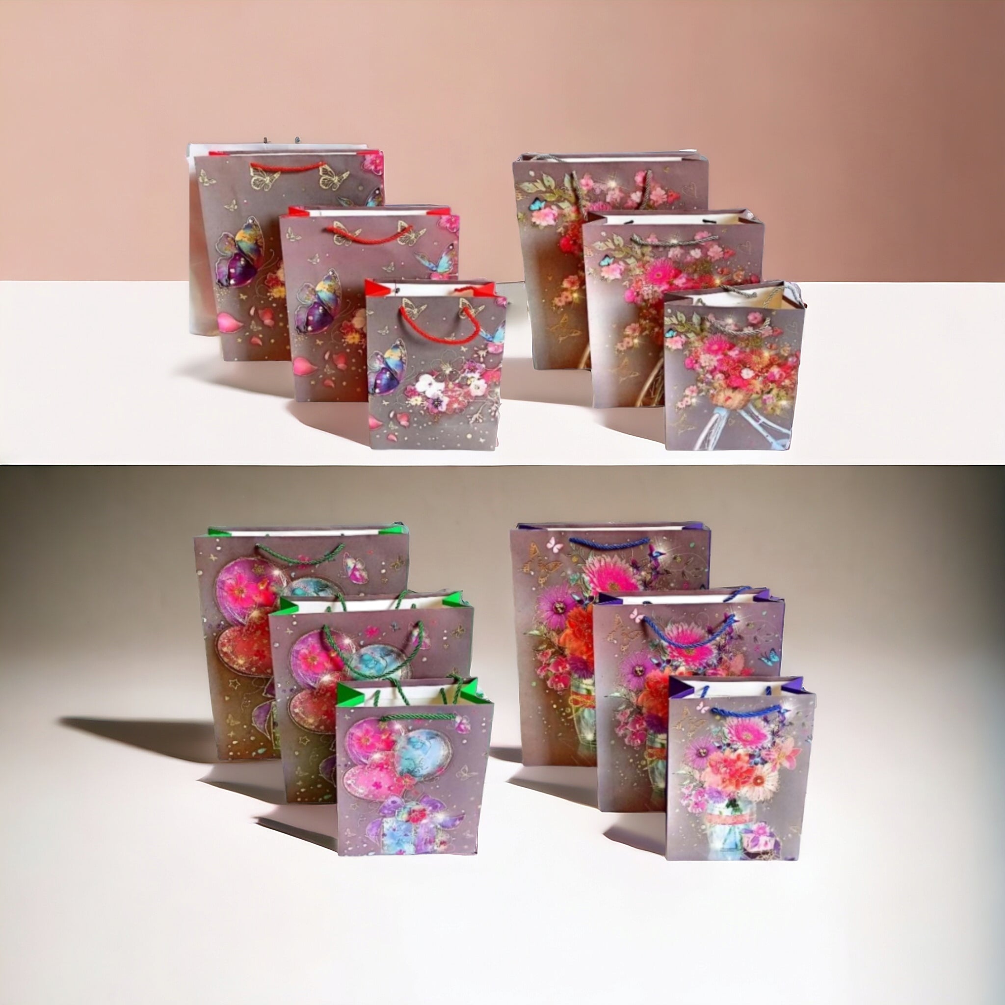 Gift Paper Bags Grey with Rose Print