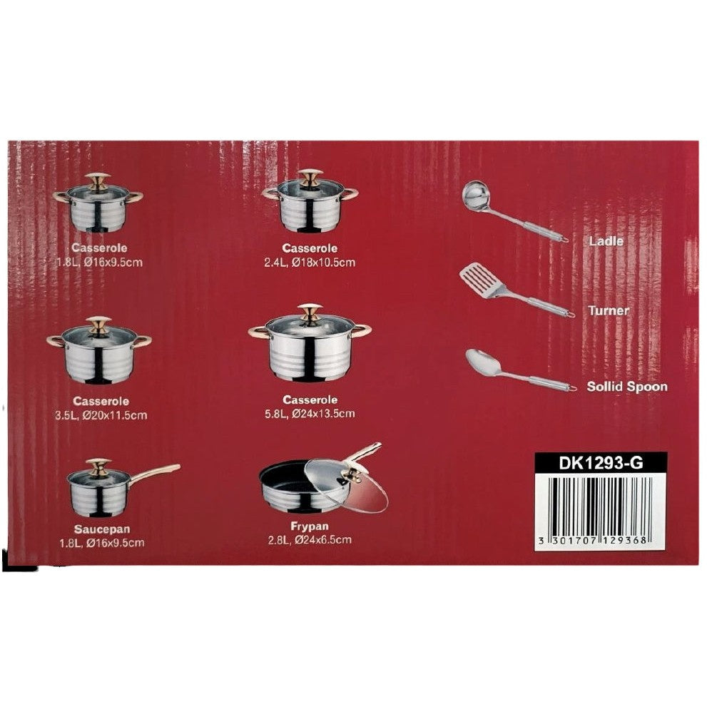 Delica Pot Stainless Steel Set 15Pcs with Glass Lid Gold Knob 1293-G P203