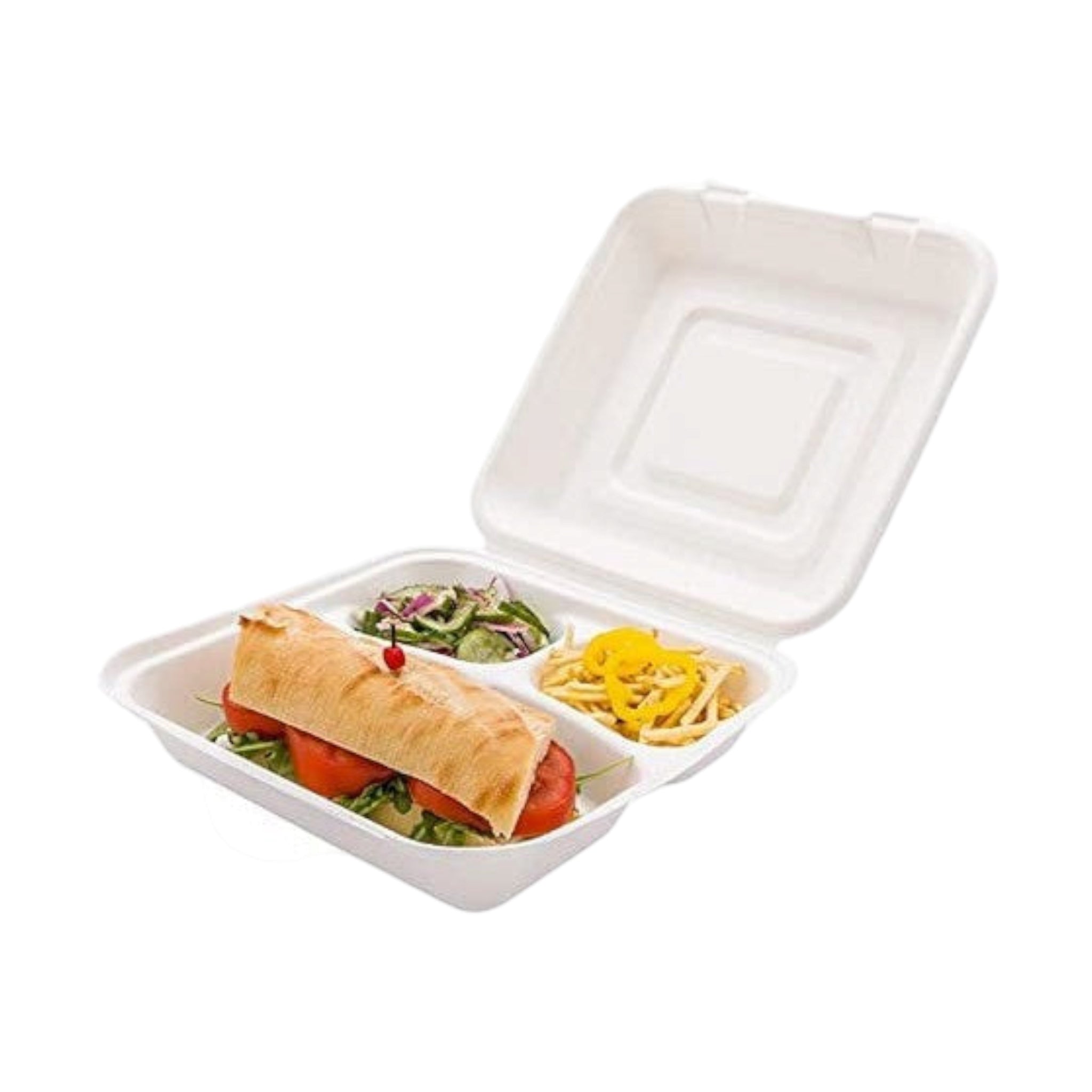 Biodegradable Bagasse Takeaway Lunchbox Clamshell 3-Compartment 20x20cm