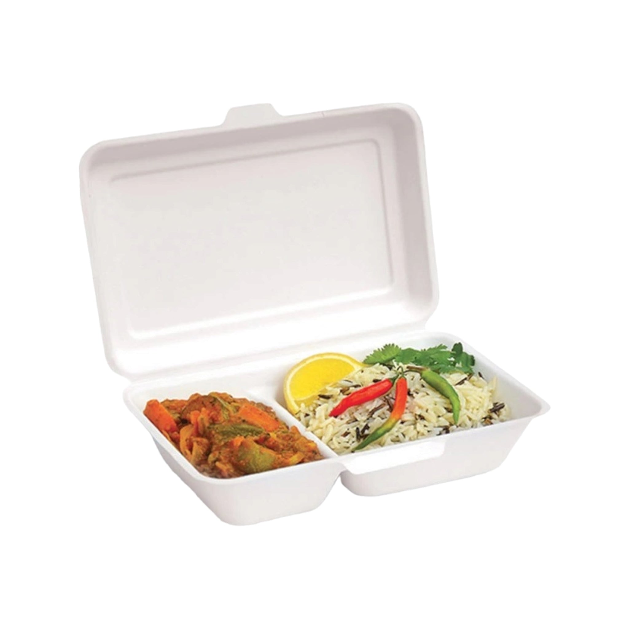 Biodegradable Bagasse Takeaway Lunchbox Clamshell 2-Division 23x15cm