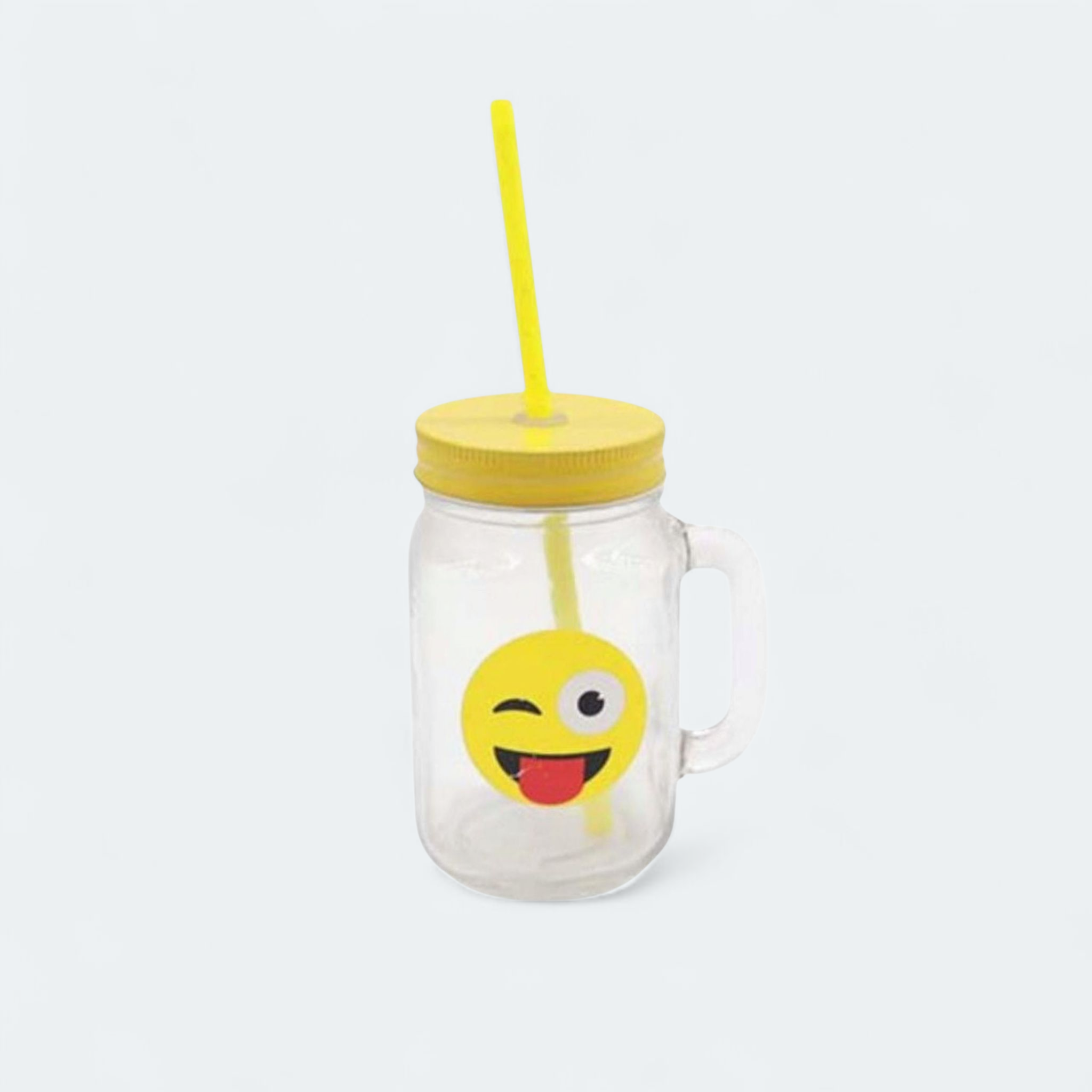 Glass Mason Jar Glass with Straw - Emoji Patterned