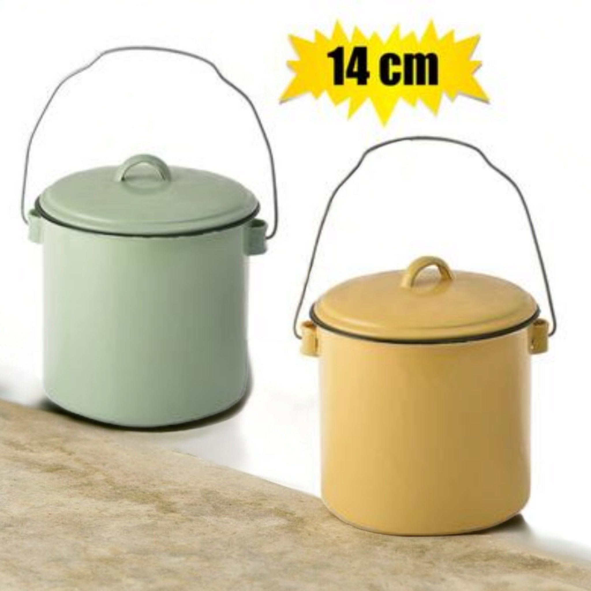 Enamel Billy Can 14cm Food Beverage Carrier with Lid & Handle