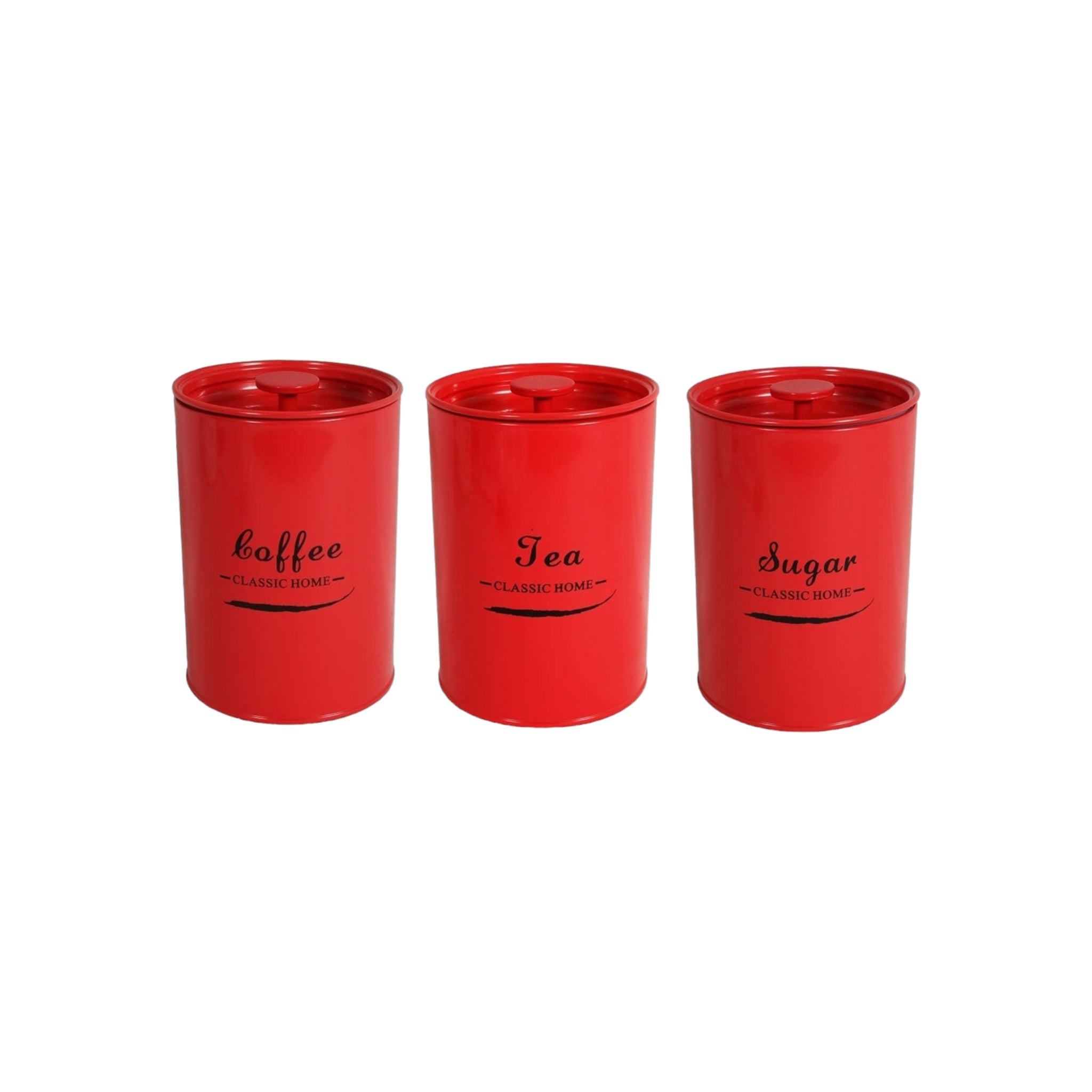 Retro Tin Storage Canister Round Red Tea-Sugar-Coffee 27801/2/3 3pc Set