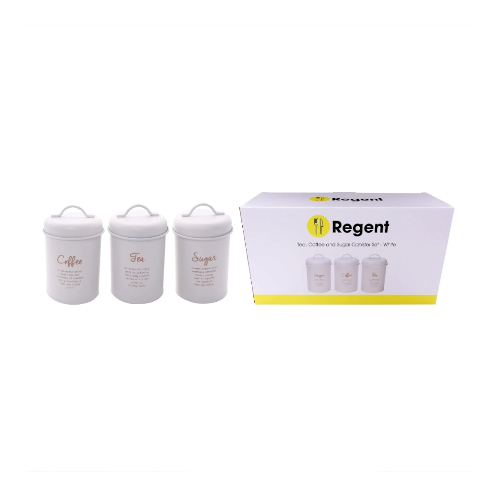 Regent Kitchen Tea-Coffee-Sugar Canister White with Gold Print 3pc Set