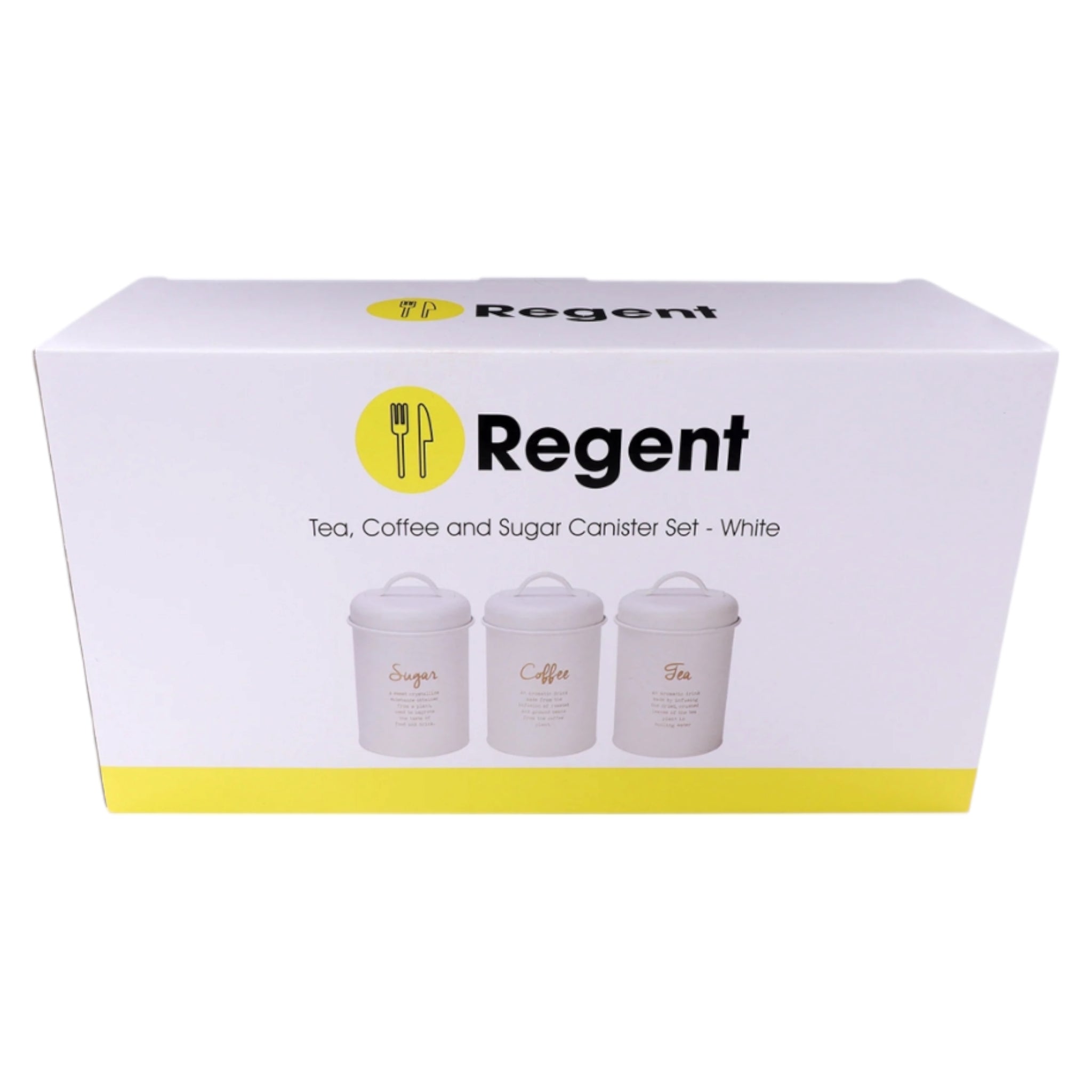Regent Kitchen Tea-Coffee-Sugar Canister White with Gold Print 3pc Set