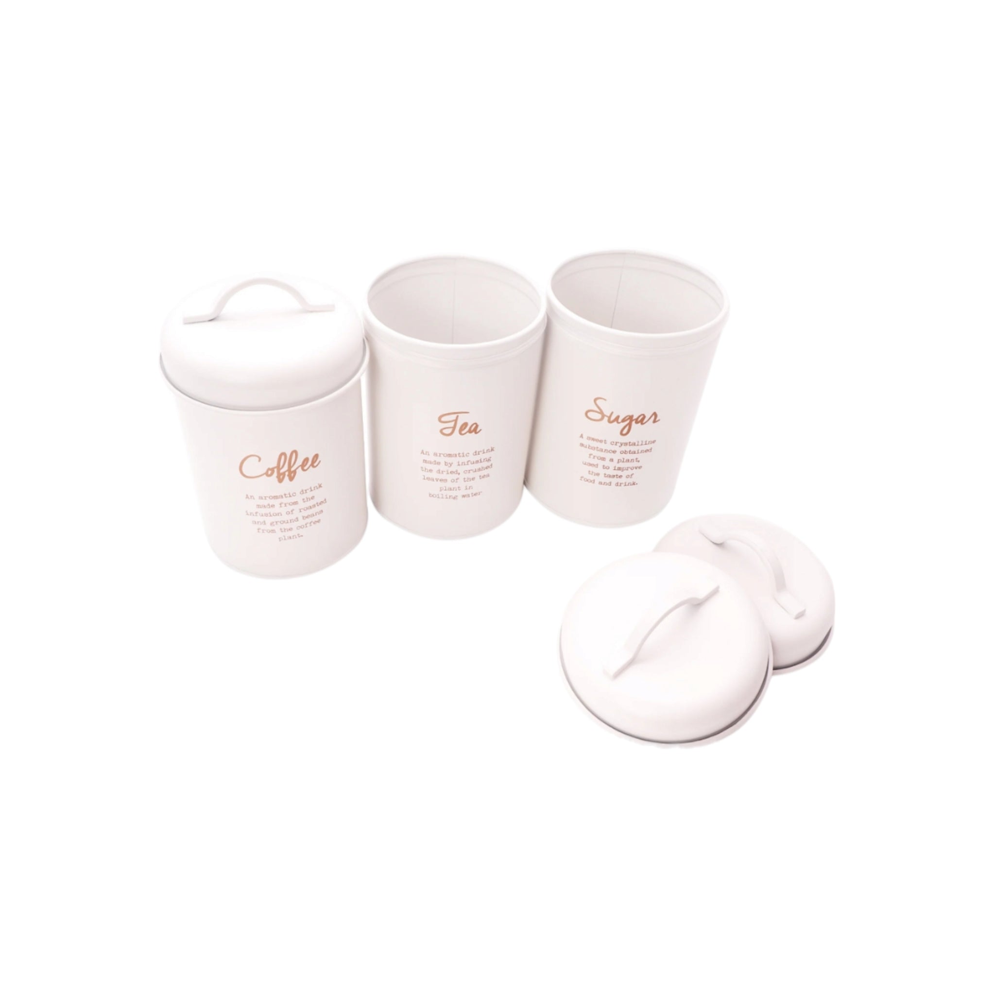 Regent Kitchen Tea-Coffee-Sugar Canister White with Gold Print 3pc Set
