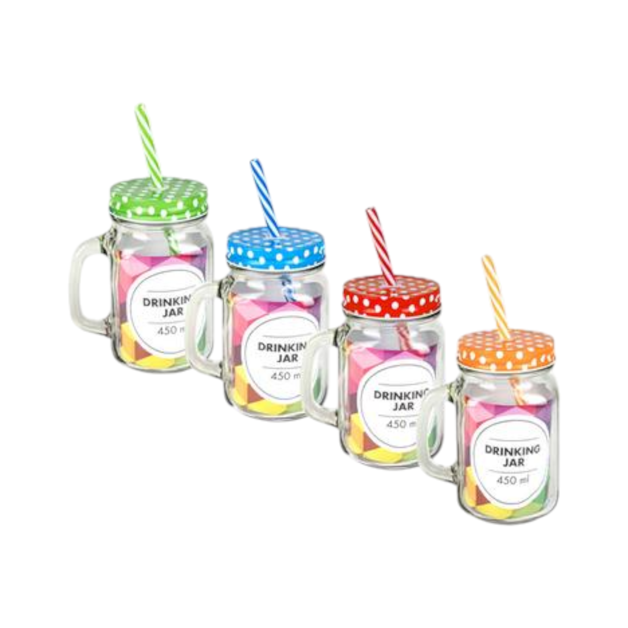 Glass Mason Jar 450ml Drinking Bottle with Straw & Polka Dot Lid 1pc