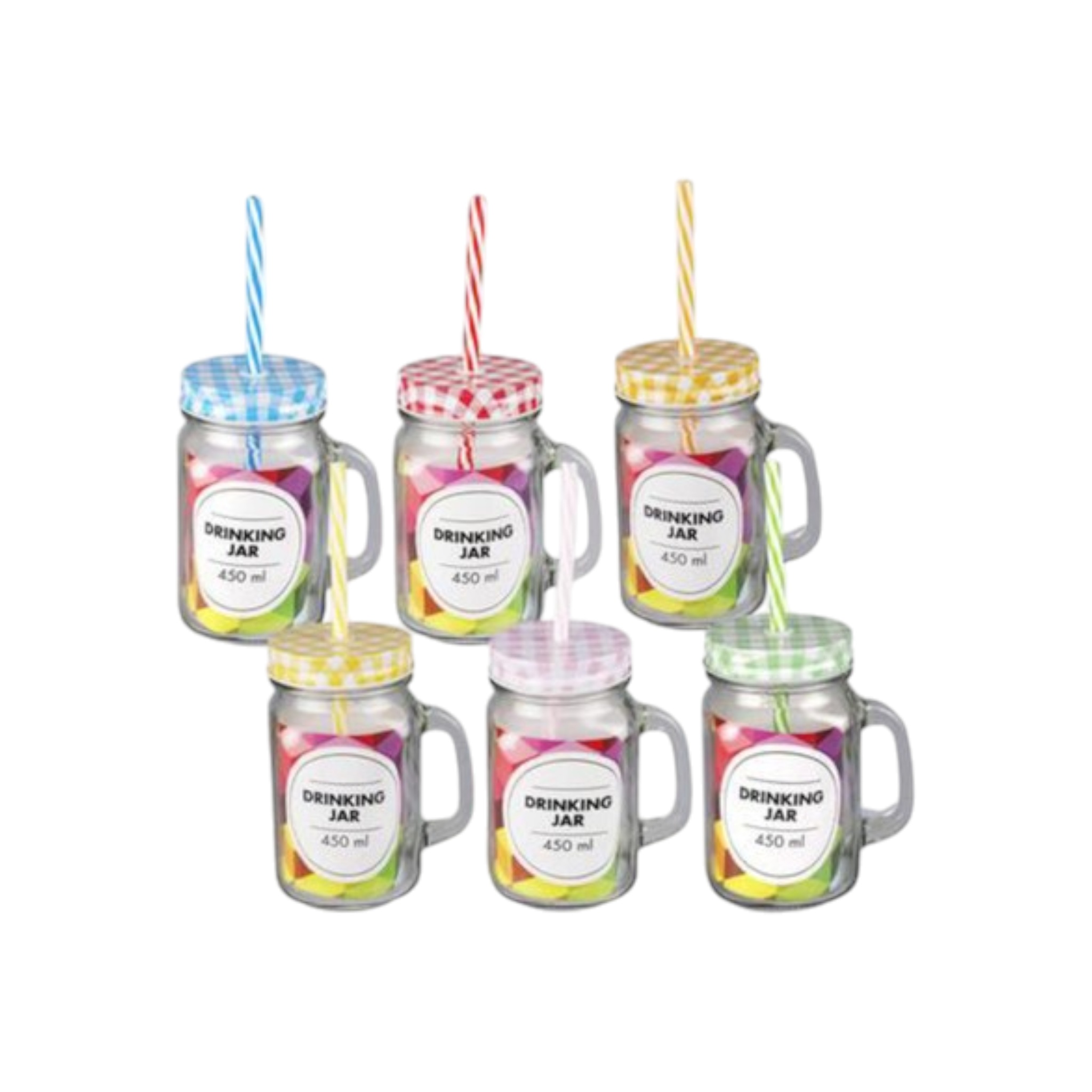 Glass Mason Jar 450ml Drinking Bottle with Straw & Polka Dot Lid 1pc