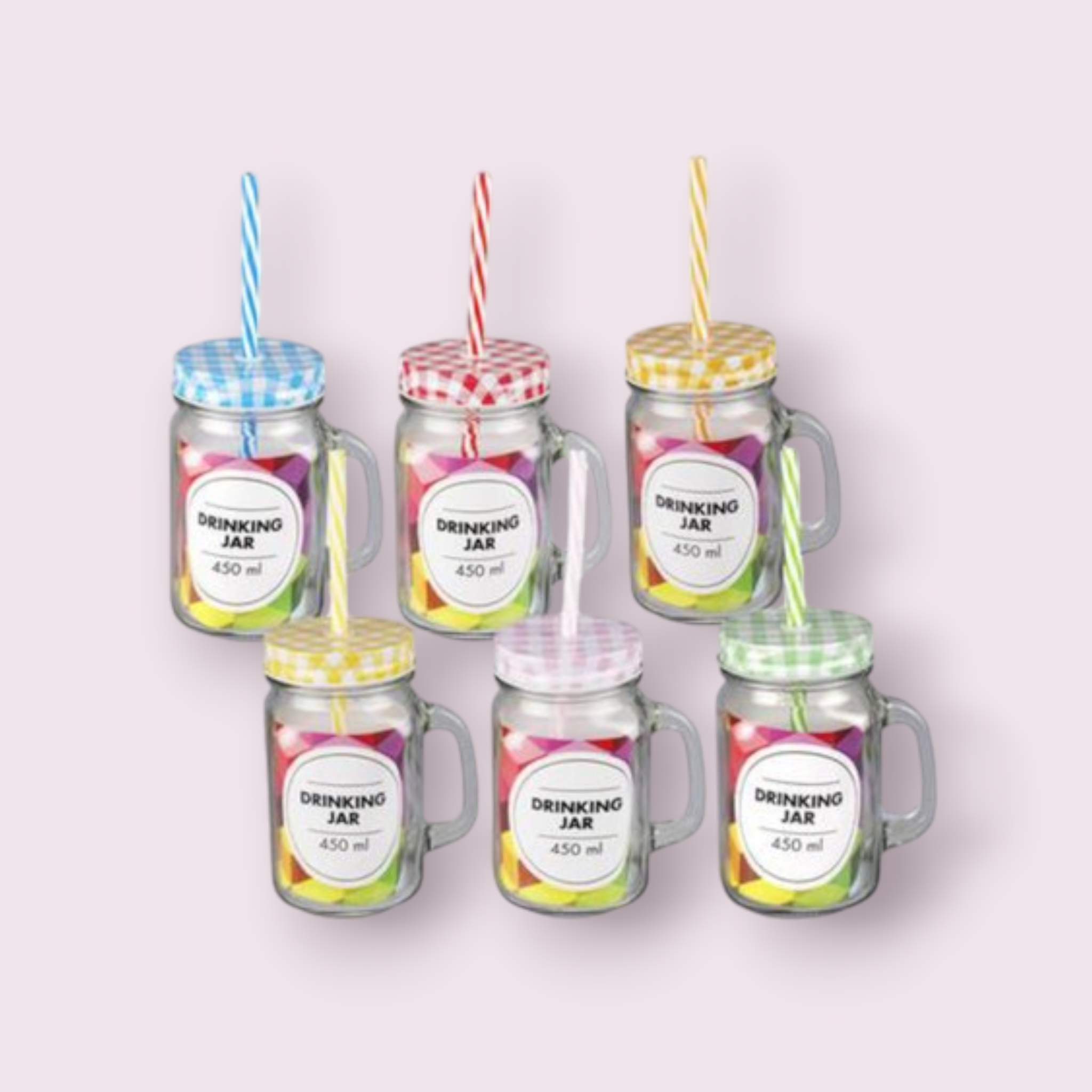 Glass Mason Jar 450ml Drinking Bottle with Straw & Polka Dot Lid 1pc