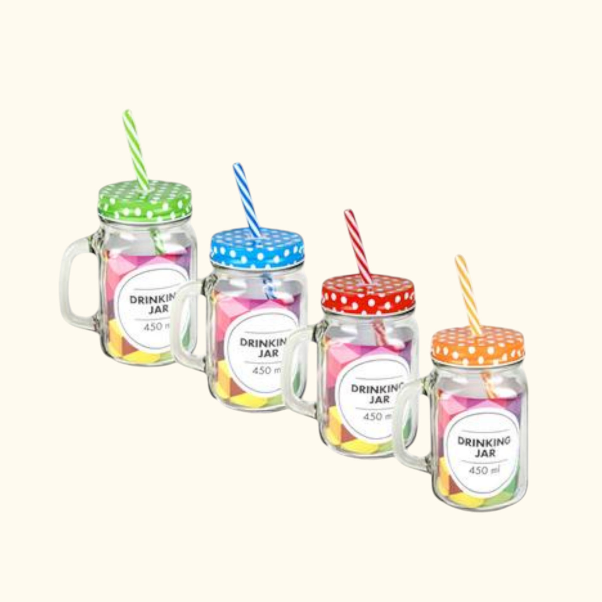 Glass Mason Jar 450ml Drinking Bottle with Straw & Polka Dot Lid 1pc