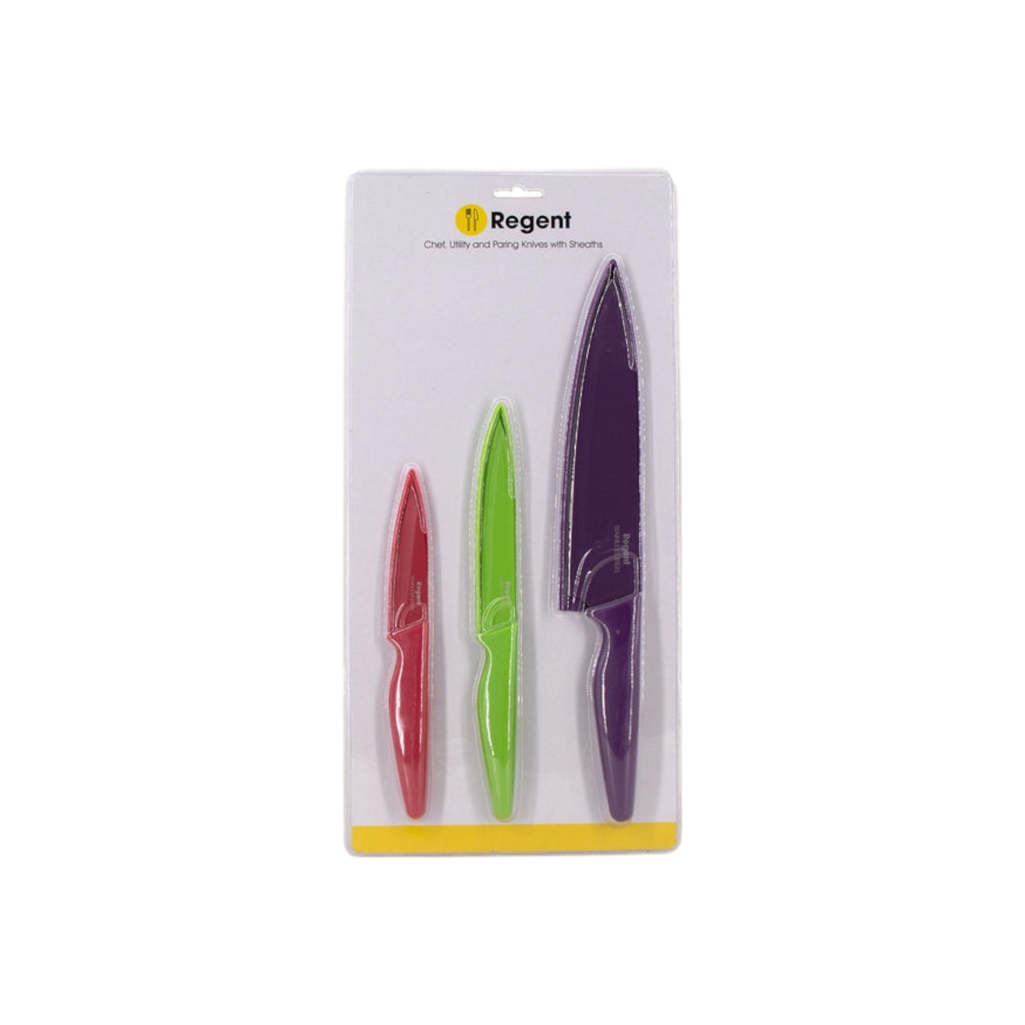 Regent 3 Piece Kitchen Chef Utility Paring Coloured Knives with Sheaths 3pcs Set