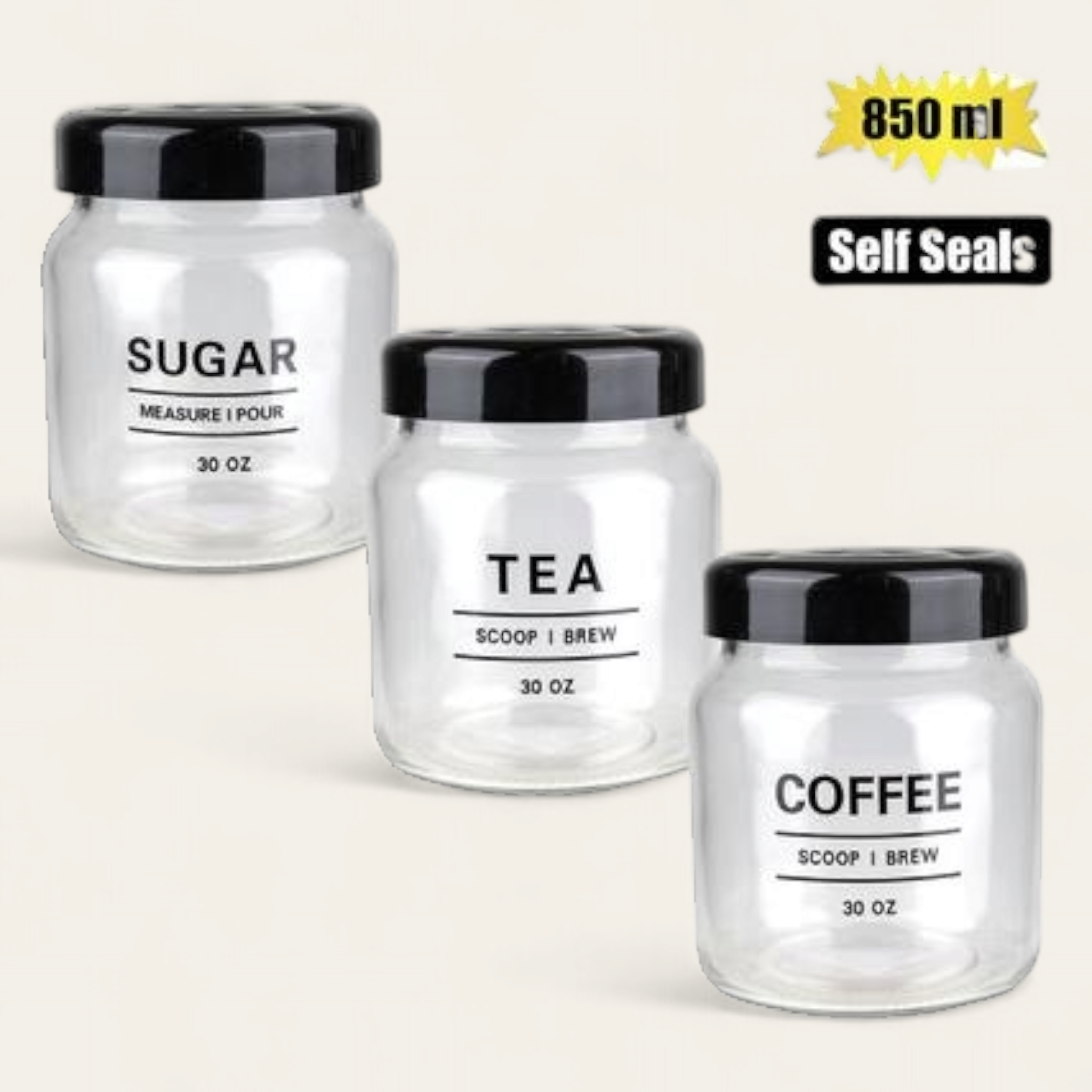 Glass Storage Jar – Sugar, Tea & Coffee – 850ml Each