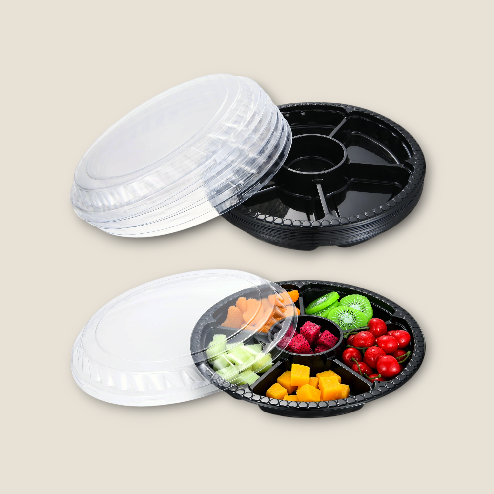 Disposable Serving To Go Snack Container Tray Black with Lid 6-Division XPP653