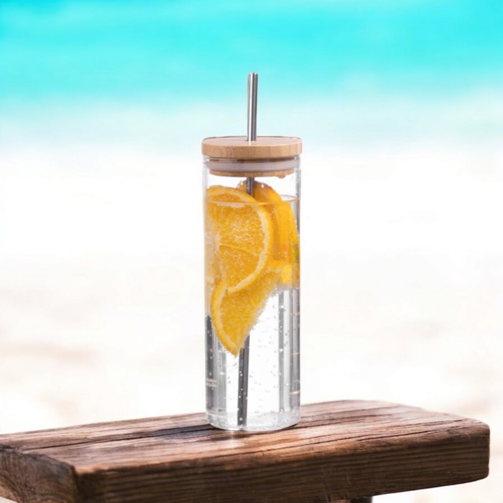 Glass Drinking Bottle with Bamboo Lid & Stainless Steel Straw 450ml