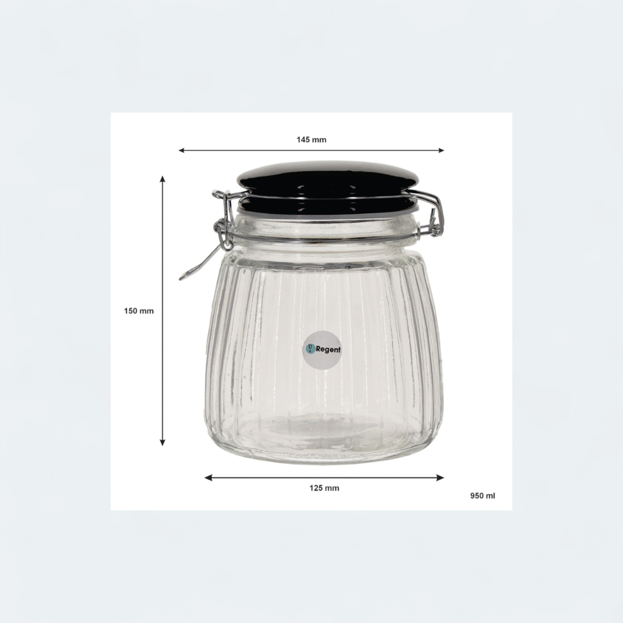 Regent Ribbed Hermetic Glass Canister with Black Ceramic Lid & Metal Clip 950ml