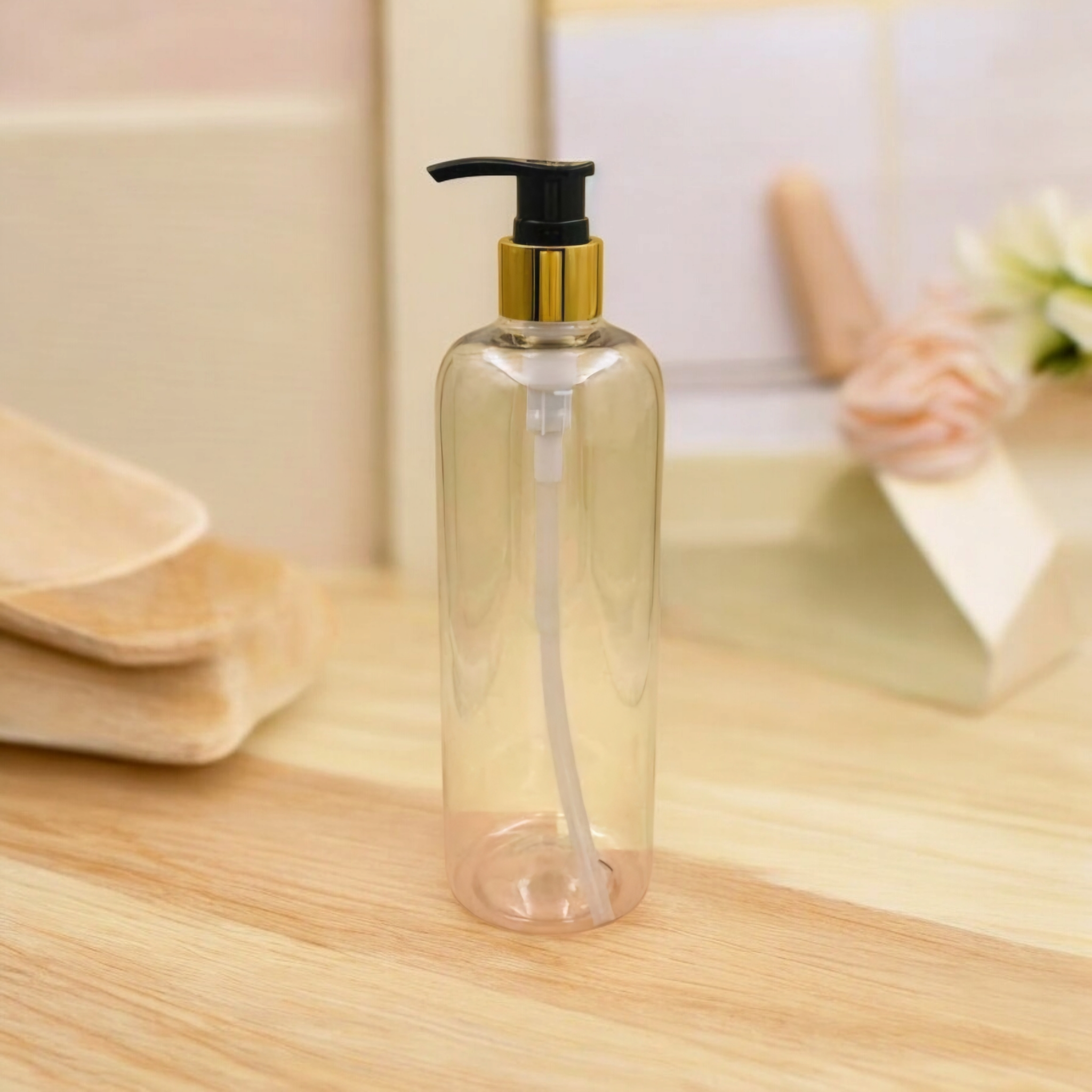 500ml PET Plastic Cosmetic Lotion Pump Bottle with Gold Collar