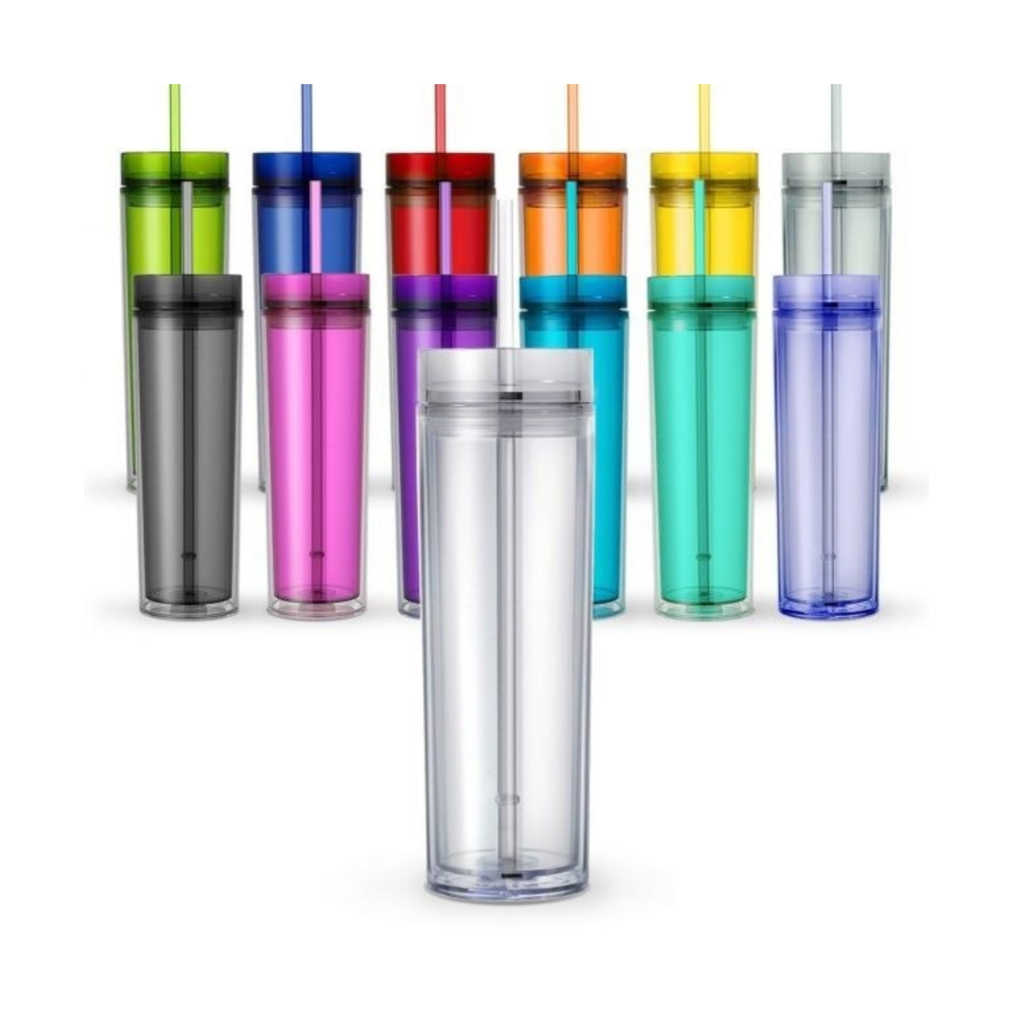 Skinny Drinking Tumbler 473ml Acrylic Transparent Color 7x21cm Reusable with Lid & Straw