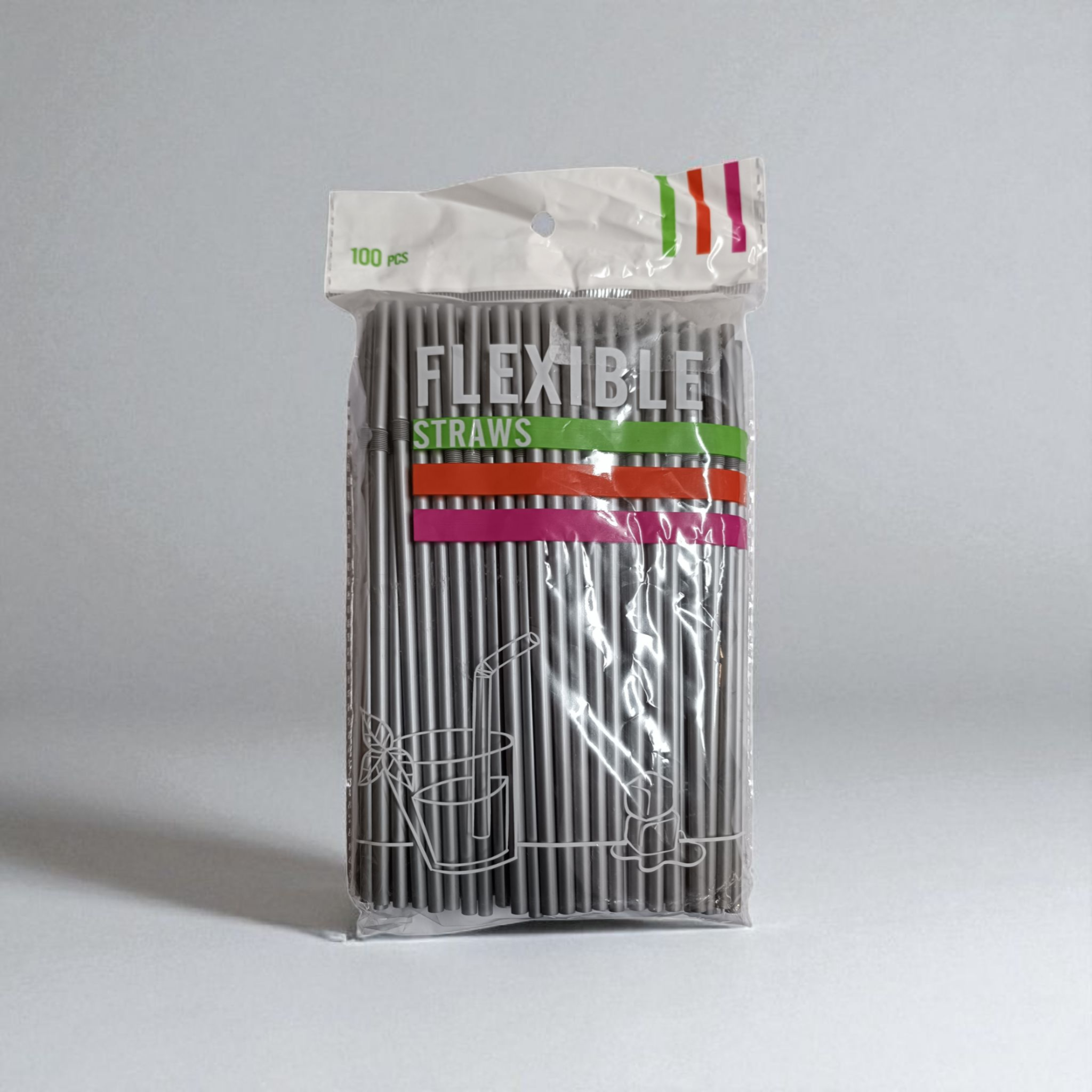 Flexible Plastic Straws Silver 21cm 100pack