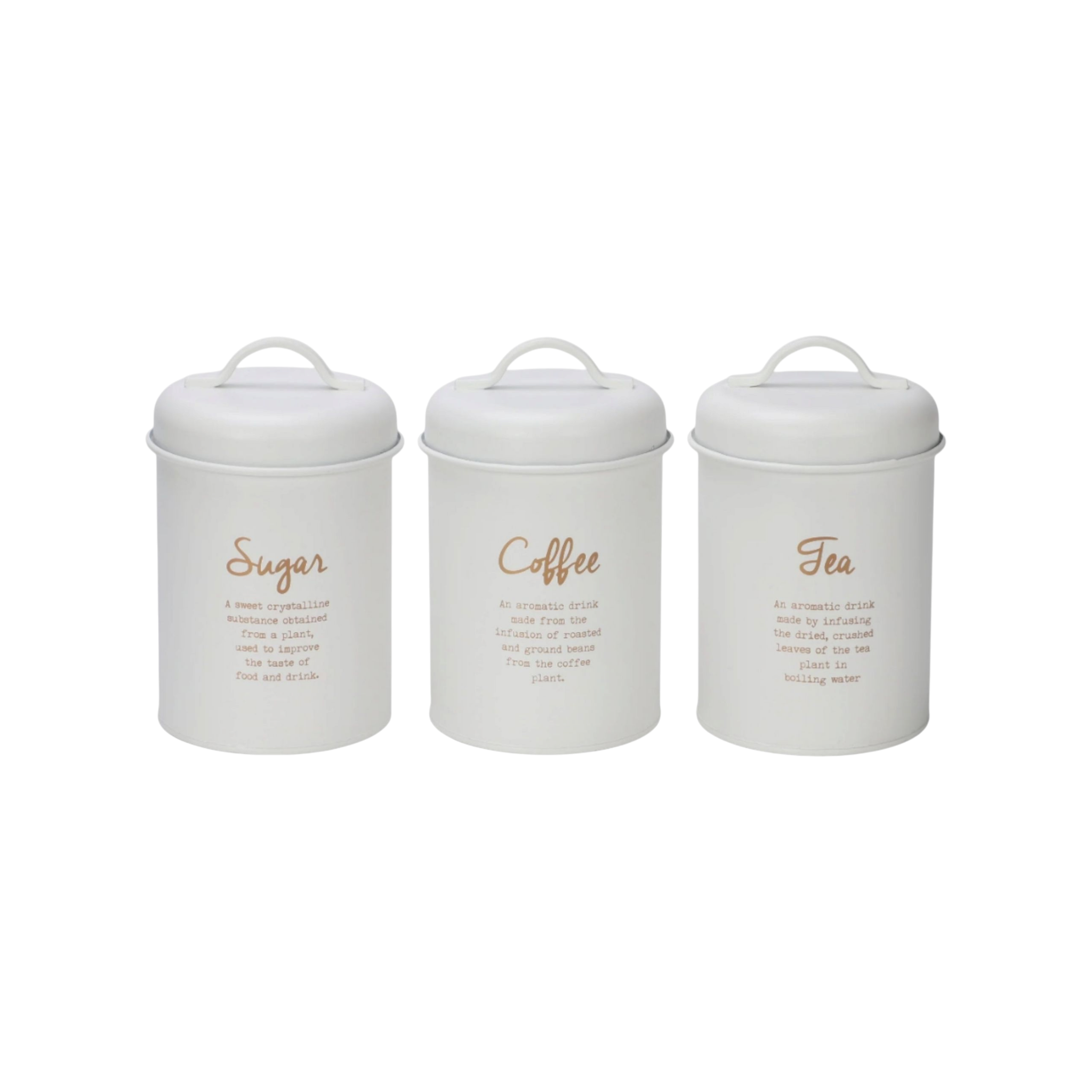 Regent Kitchen Tea-Coffee-Sugar Canister White with Gold Print 3pc Set