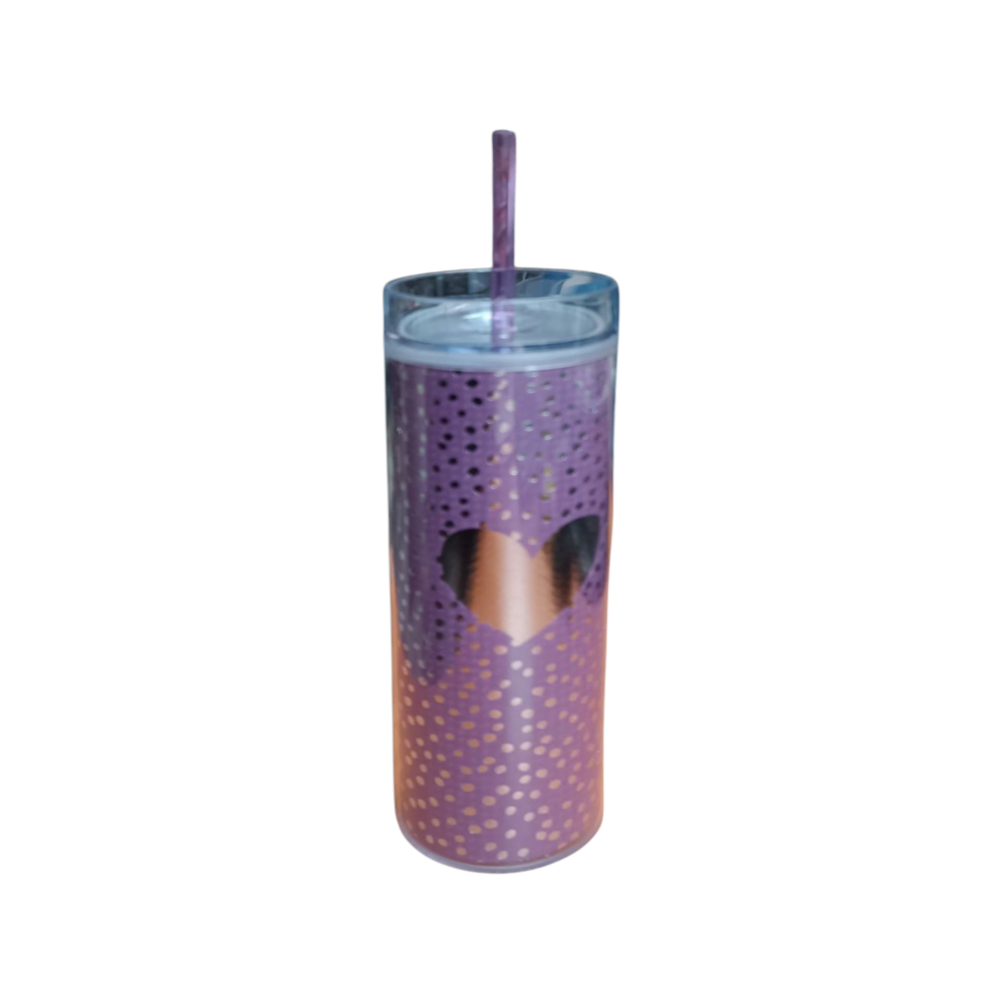 473ml Skinny Drinking Tumbler Acrylic Double-Wall Reusable with Lid & Straw 21x7cmn Heart Patterned