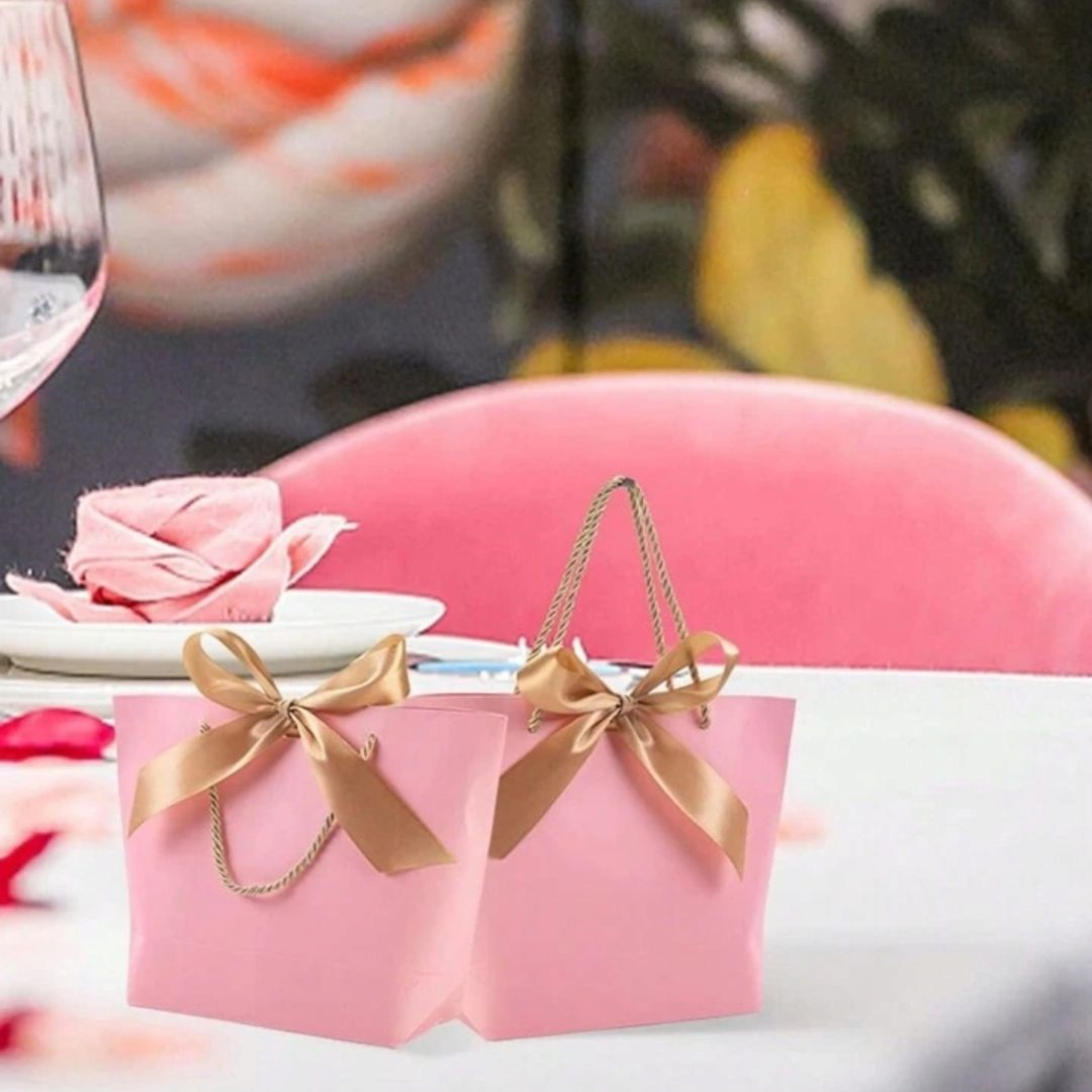 Designer Gift Paper Bag with Gold String Handle & Ribbon