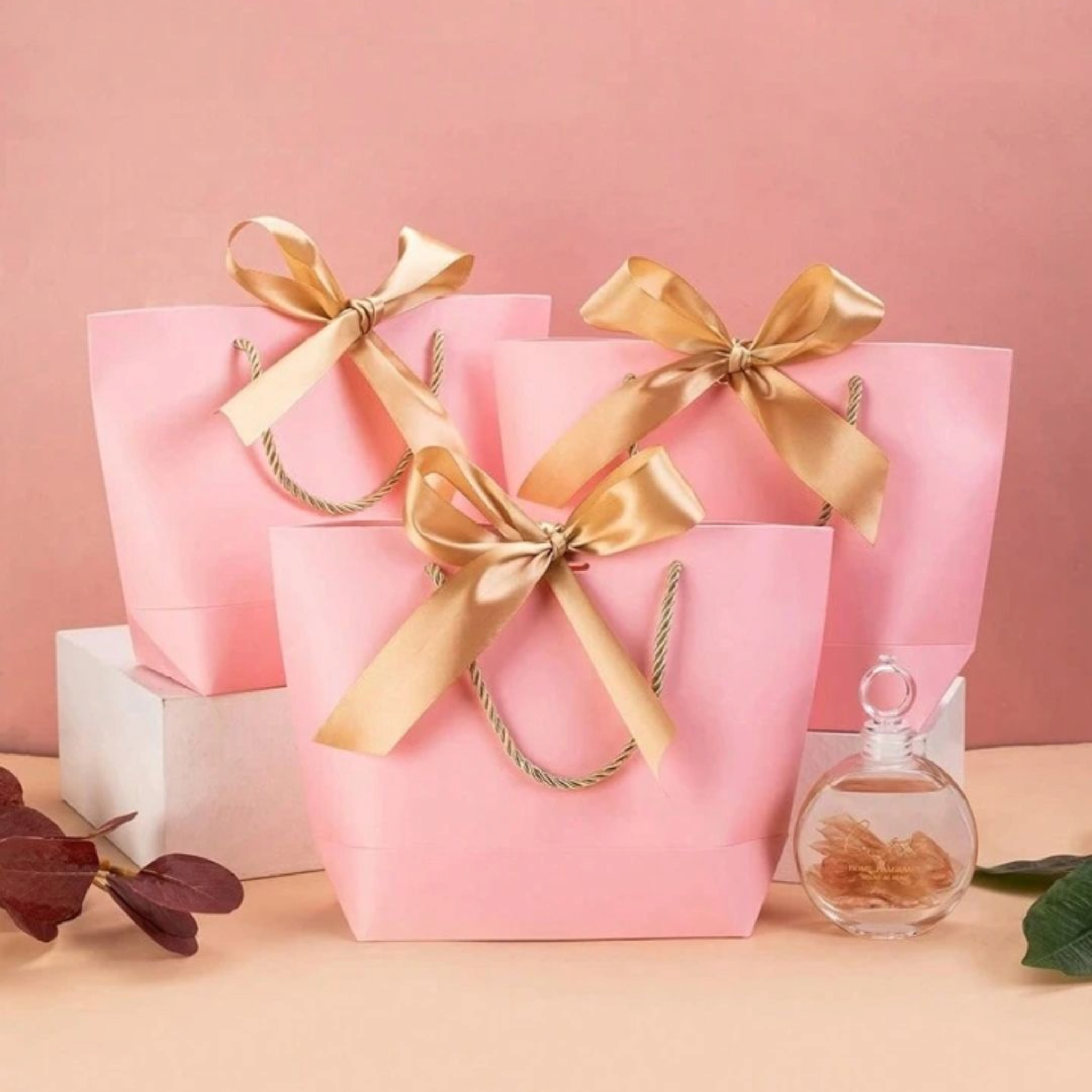 Designer Gift Paper Bag with Gold String Handle & Ribbon