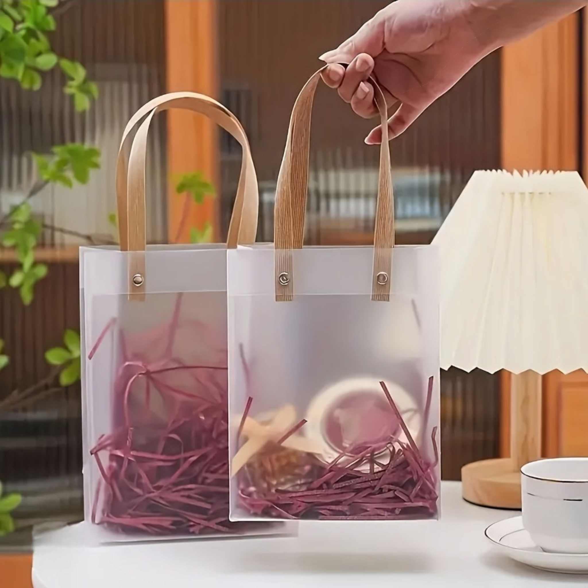 PVC Gift Bag Frosted Portrait - Plastic Reusable Bags with Brown Straw Handle