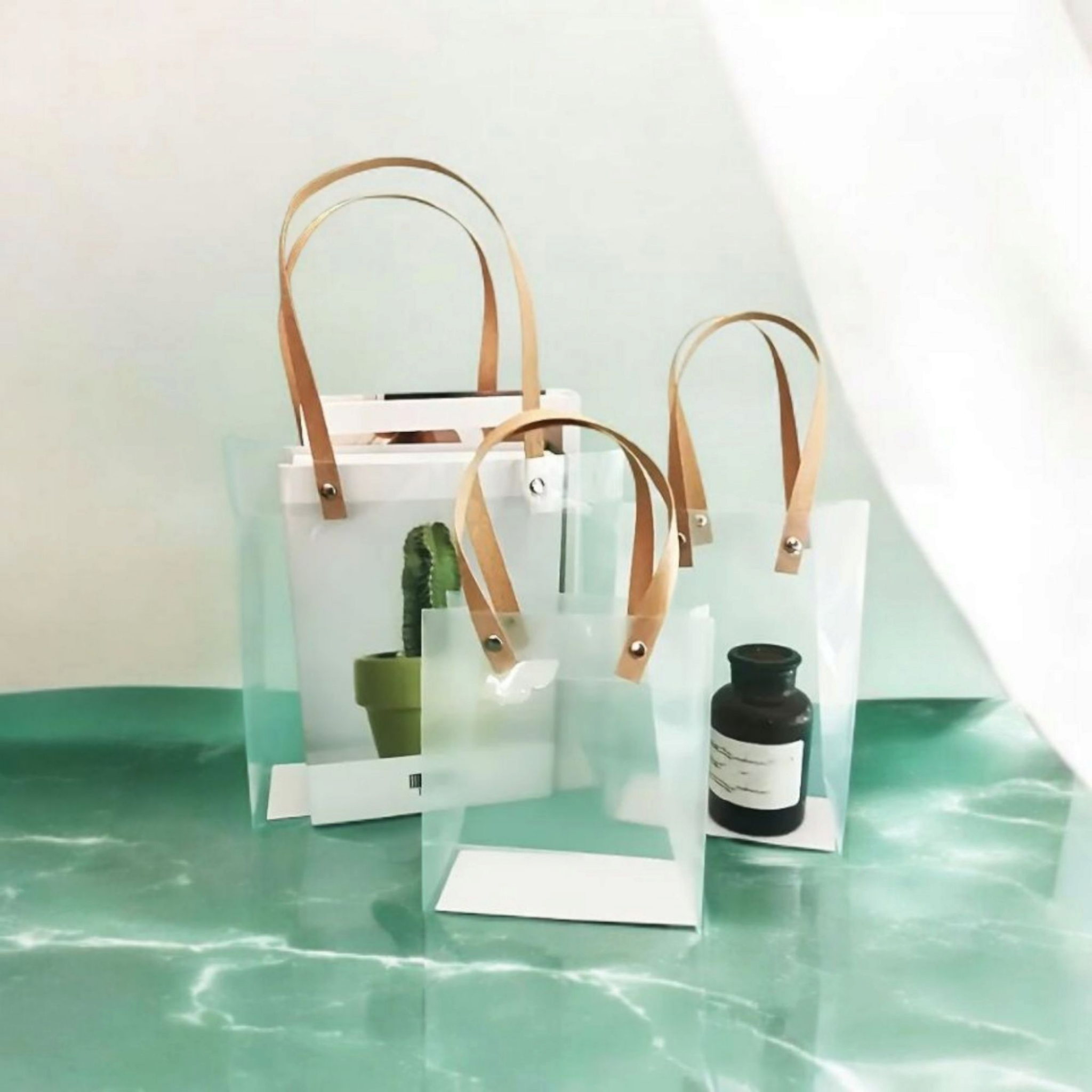 PVC Gift Bag Frosted Portrait - Plastic Reusable Bags with Brown Straw Handle