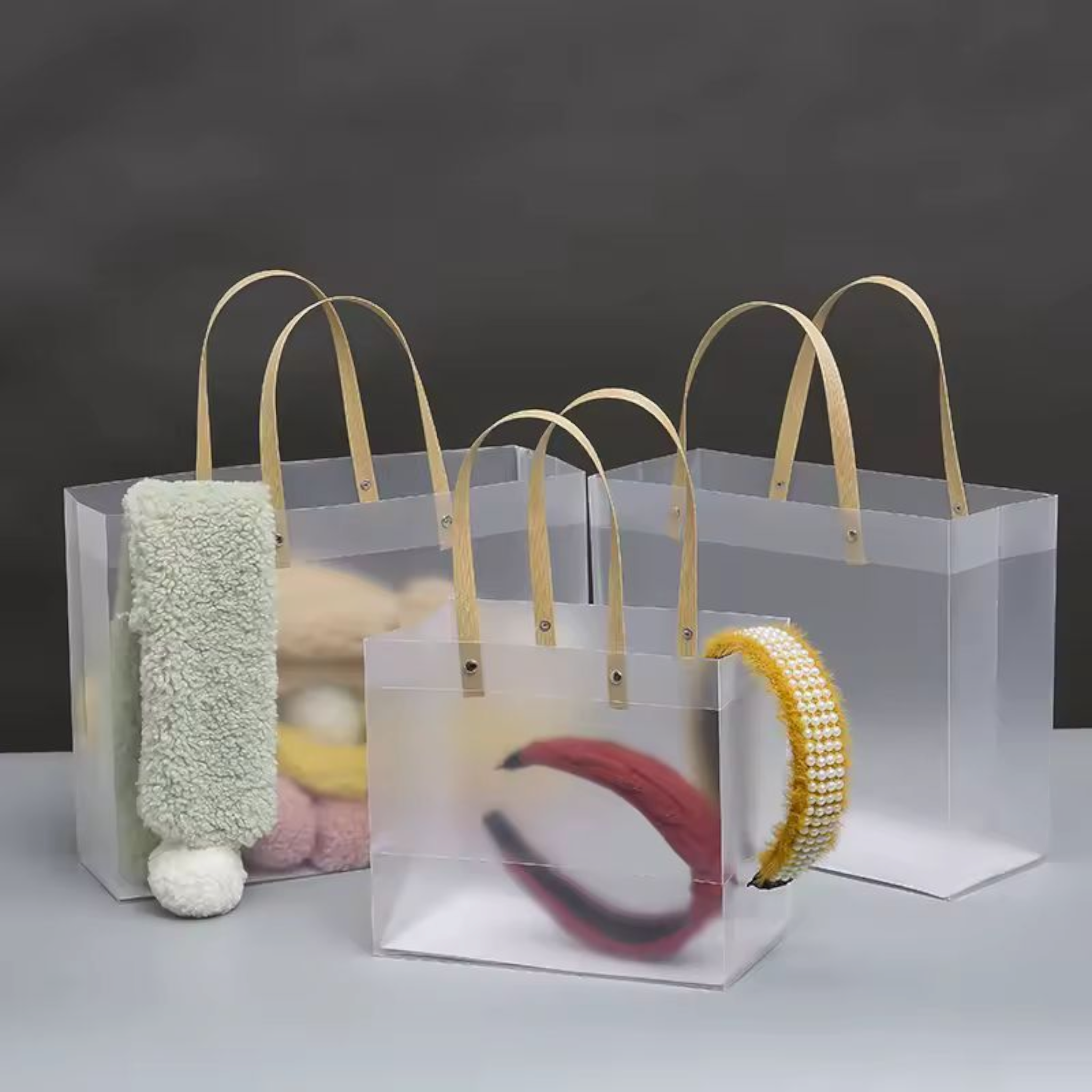 PVC Gift Bag Frosted Landscape - Plastic Reusable Bags with Brown Straw Handle