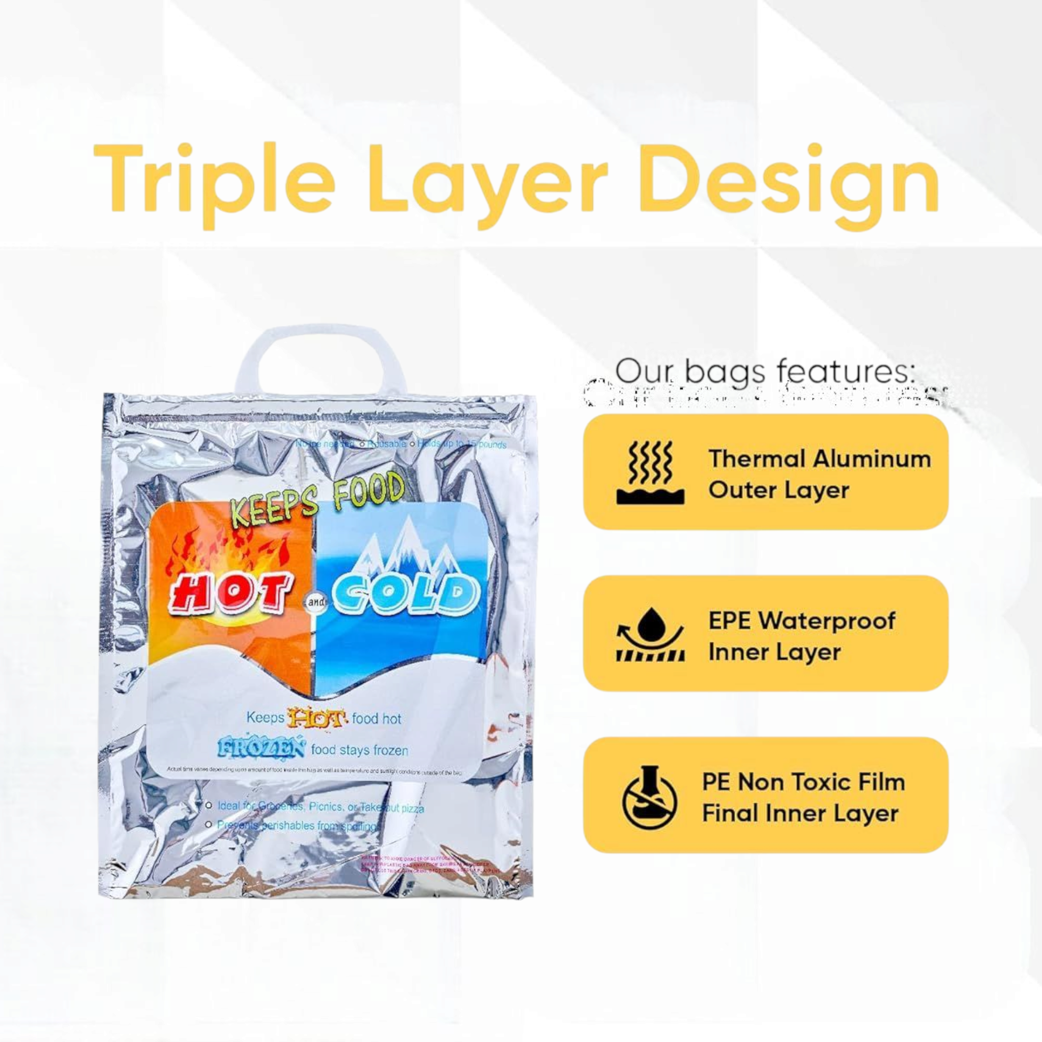 Thermal Food Insulation Carry Bag Hot & Cold Aluminium Foil 47x47+6cm