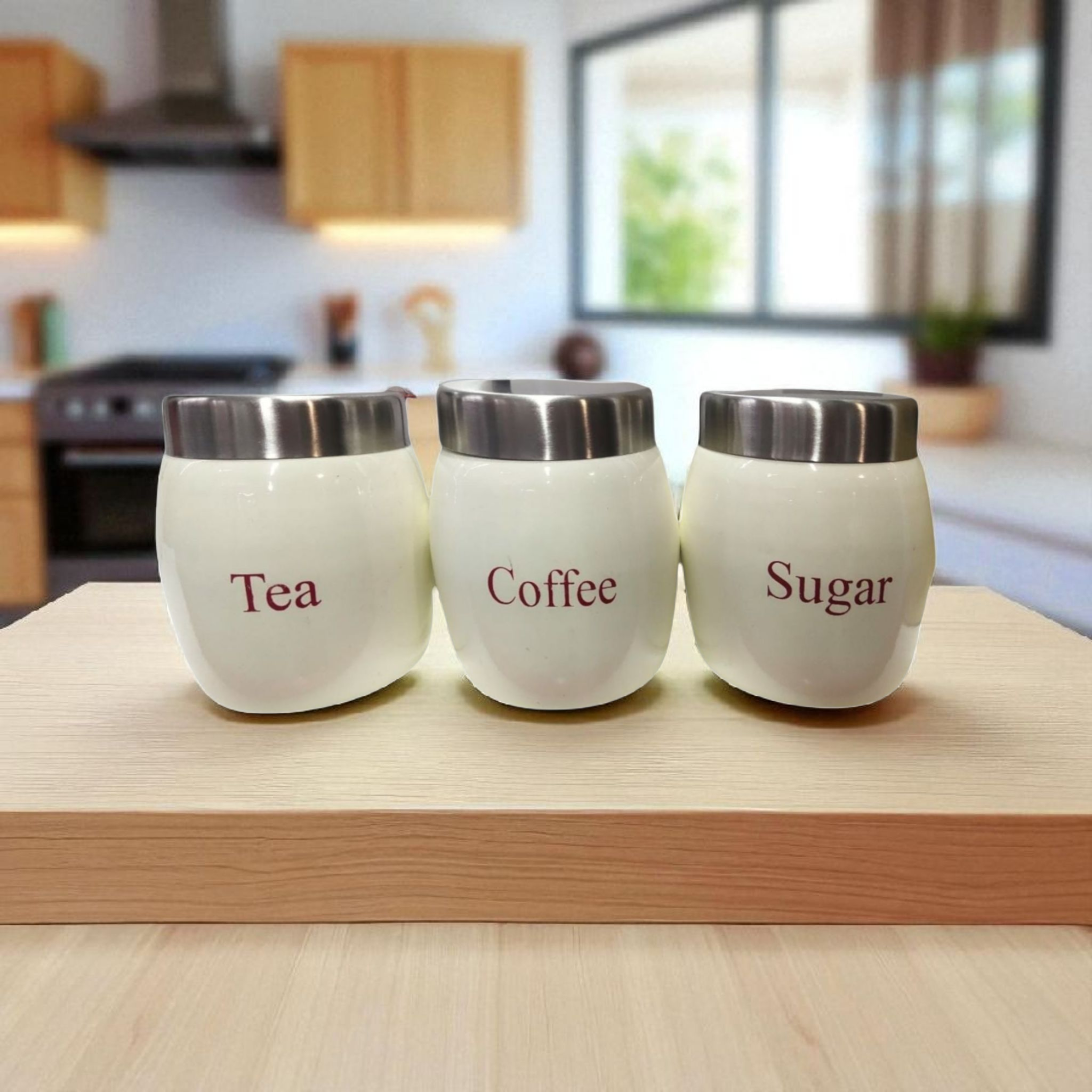 Vintage Tin Canister Set Tea-Coffee-Sugar Barrel Shaped Jar Cream with S/S Lid 3pc