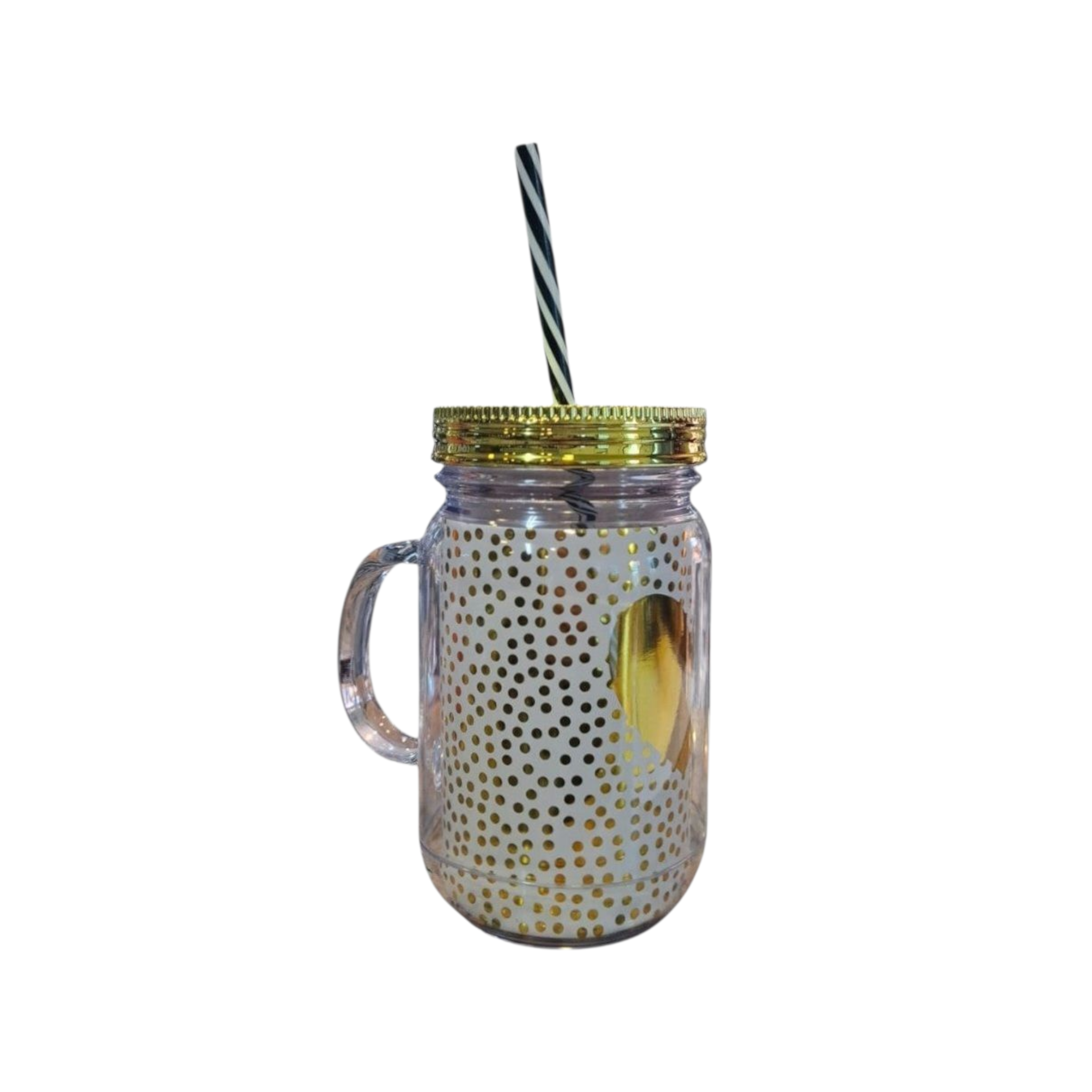 Acrylic Drinking Mason Jar Tumbler Mug with Straw 16.5x9cm Gold Heart Patterned