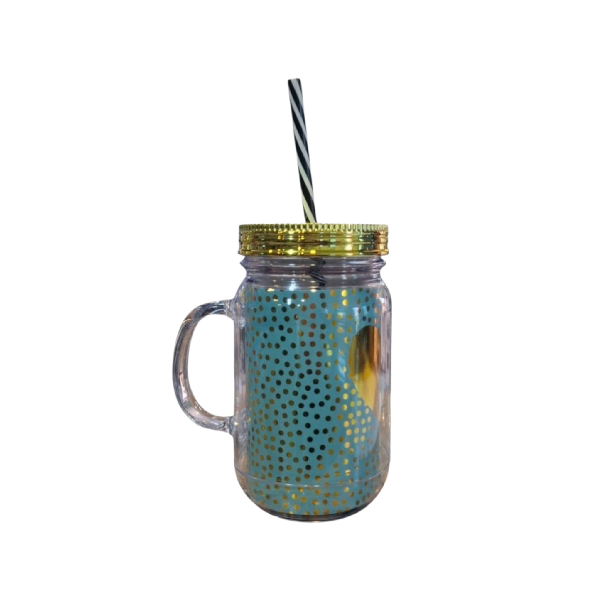 Acrylic Drinking Mason Jar Tumbler Mug with Straw 16.5x9cm Gold Heart Patterned