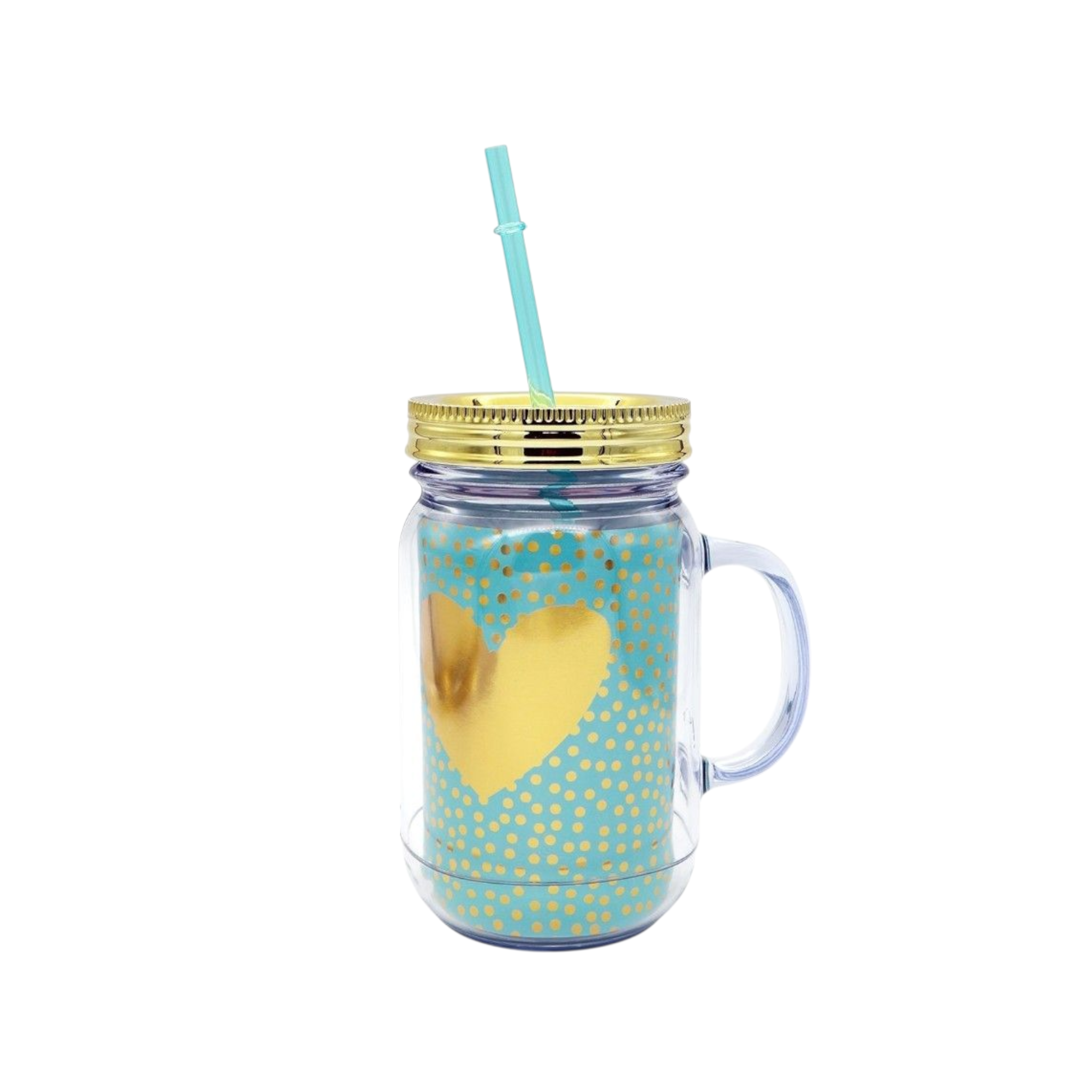 Acrylic Drinking Mason Jar Tumbler Mug with Straw 16.5x9cm Gold Heart Patterned