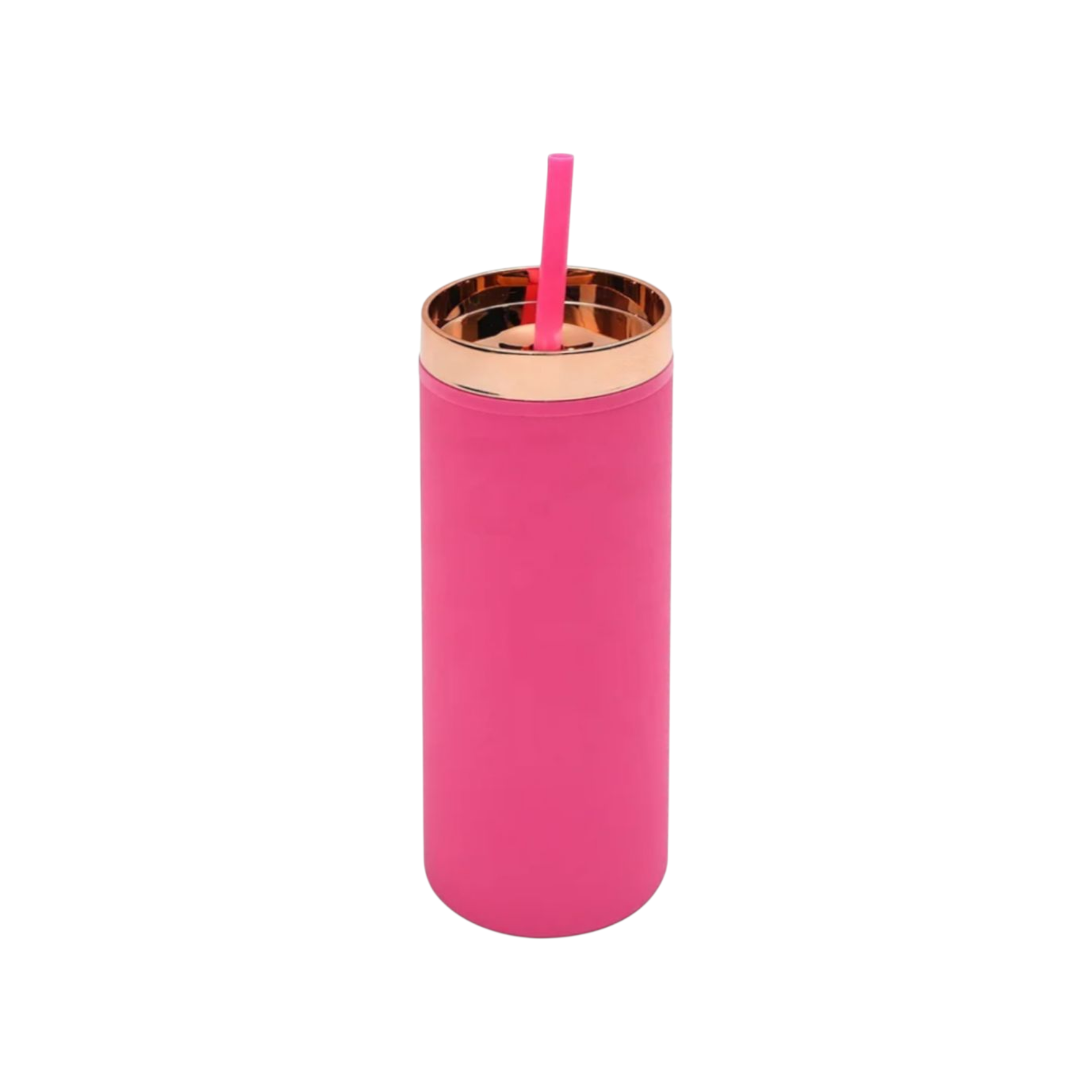 473ml Skinny Drinking Tumbler Acrylic Reusable with Rose Gold Lid & Straw 7x21cm