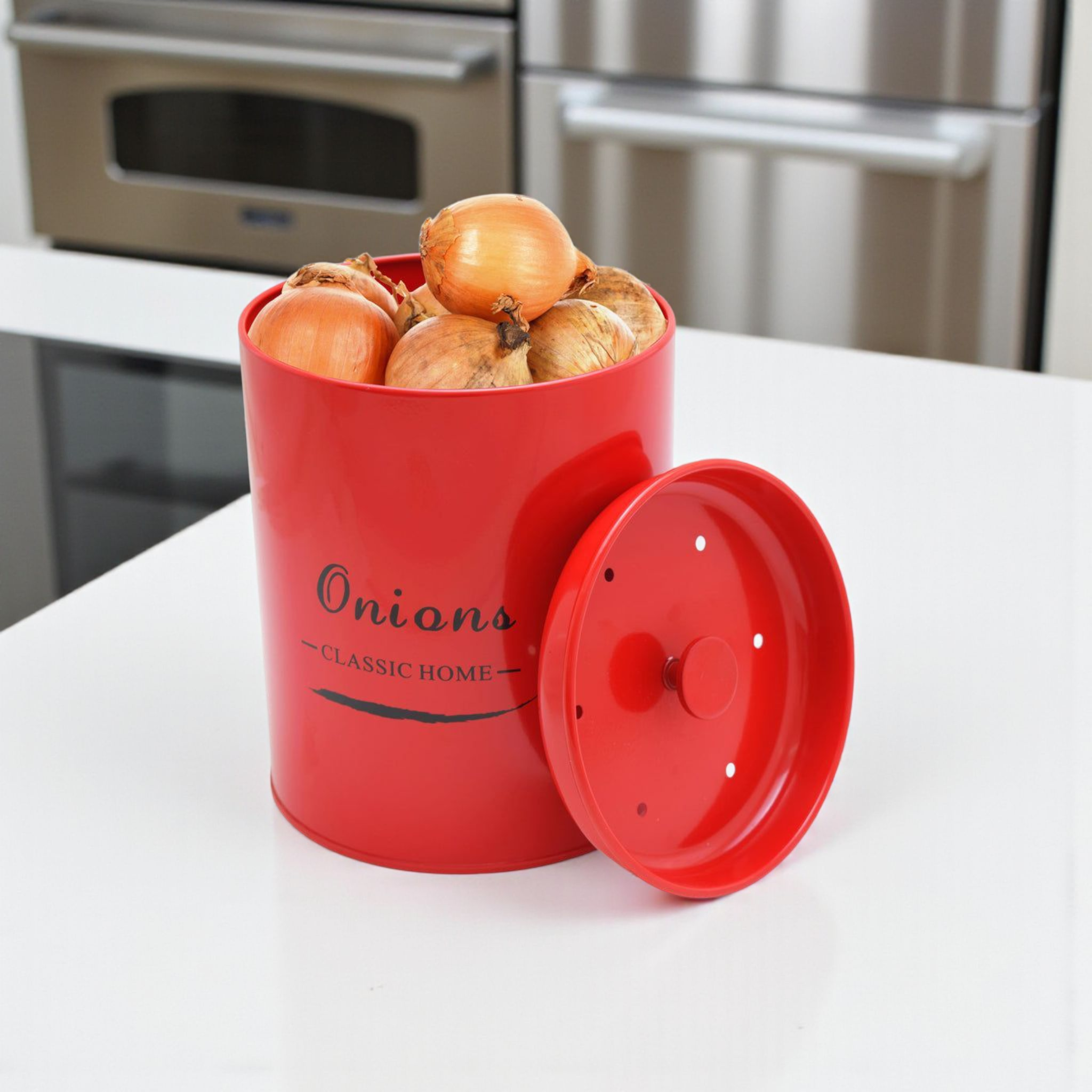 Retro Onions Tin Storage Container Red 27804