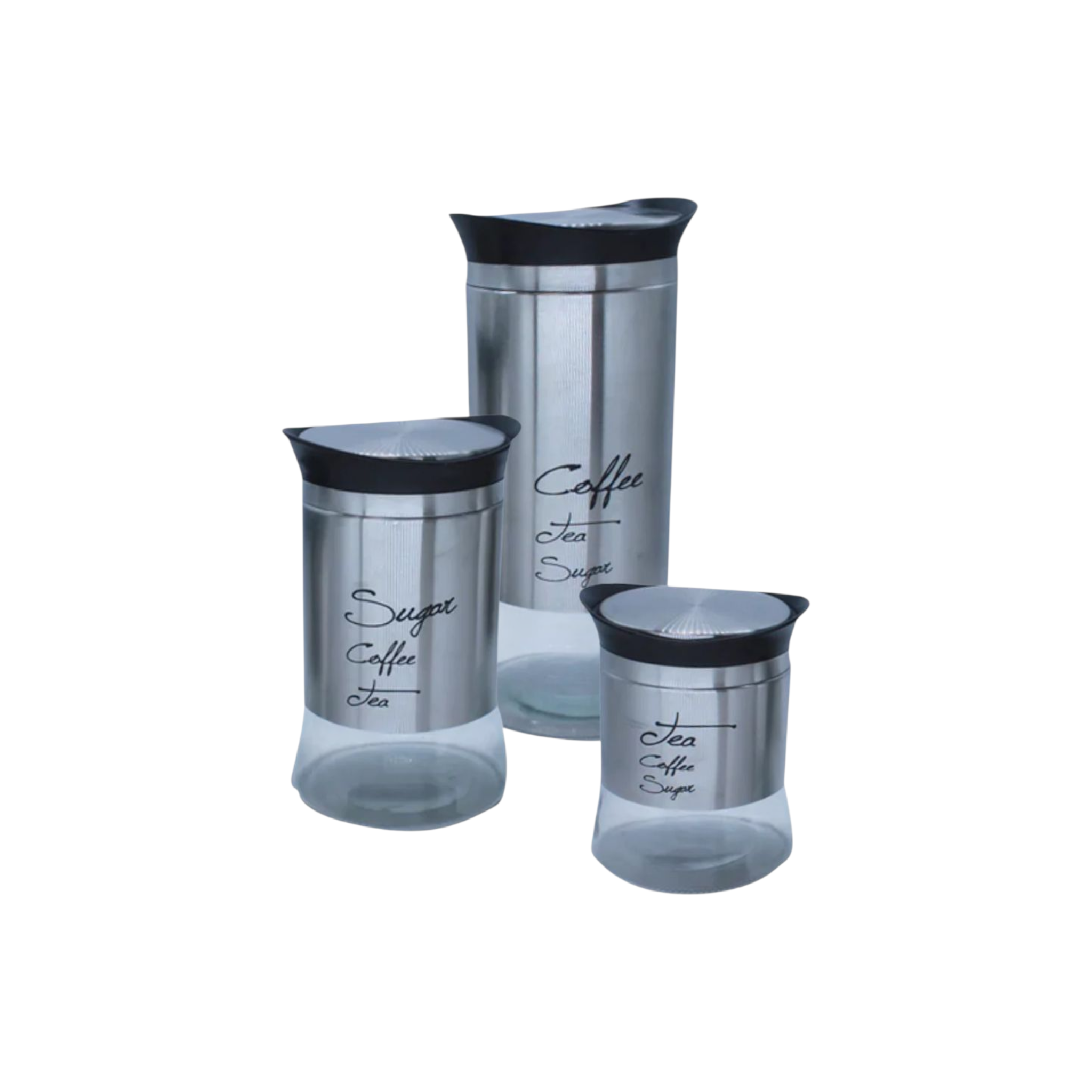 Glass Canister Set 3pc Tea/Coffee/Sugar Stainless Steel Outer SGN1777
