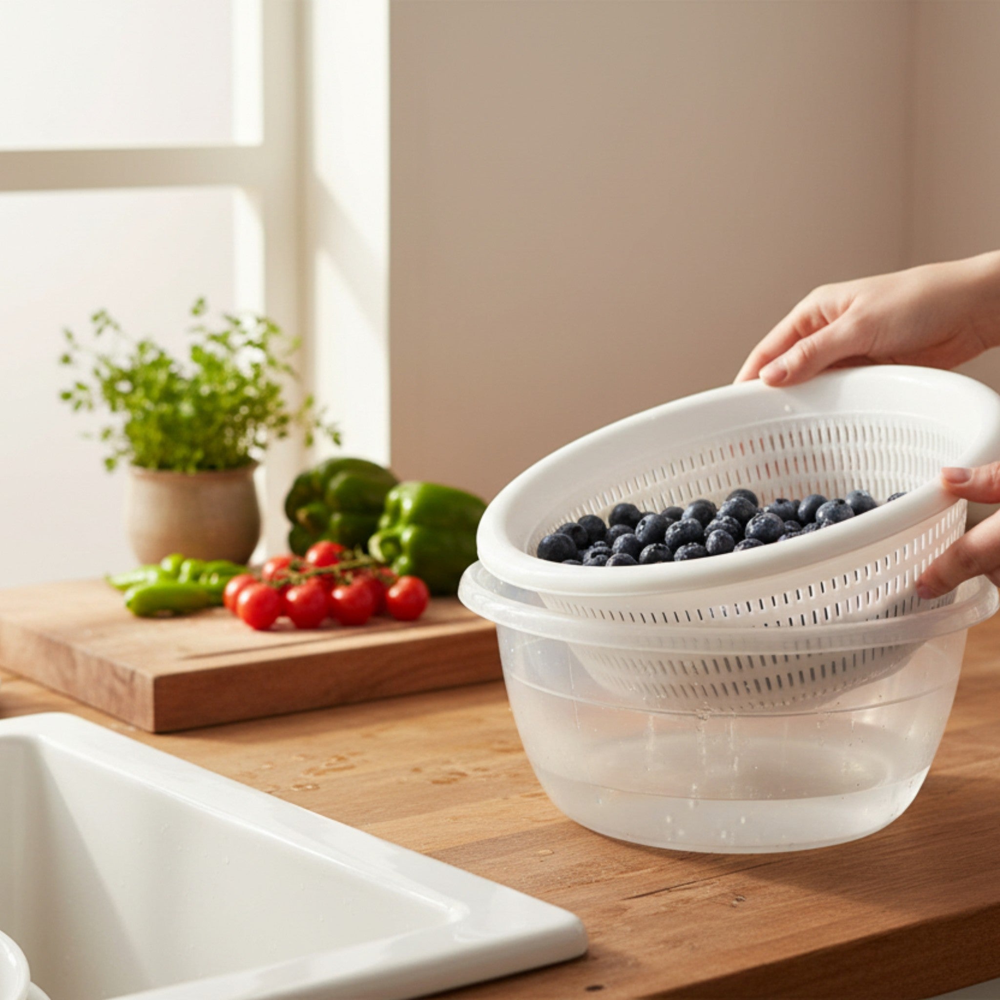 Plastic Emarald Clear Round Basin With Handle Strainer