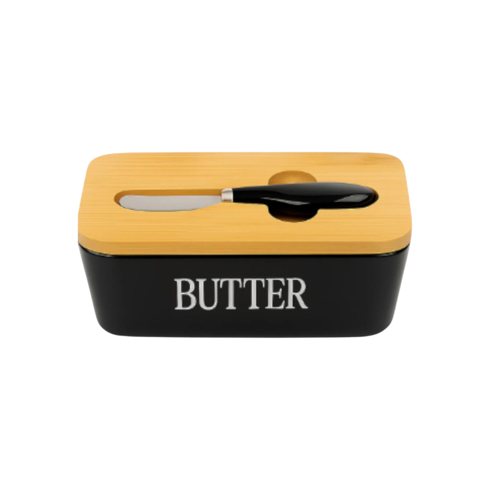 Regent Ceramic Butter Dish Black with Bamboo Lid & Knife