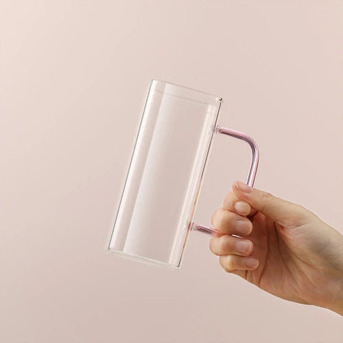 Glass Drinking Mug 350ml Square with Bamboo Lid & Borosilicate Curved Straw