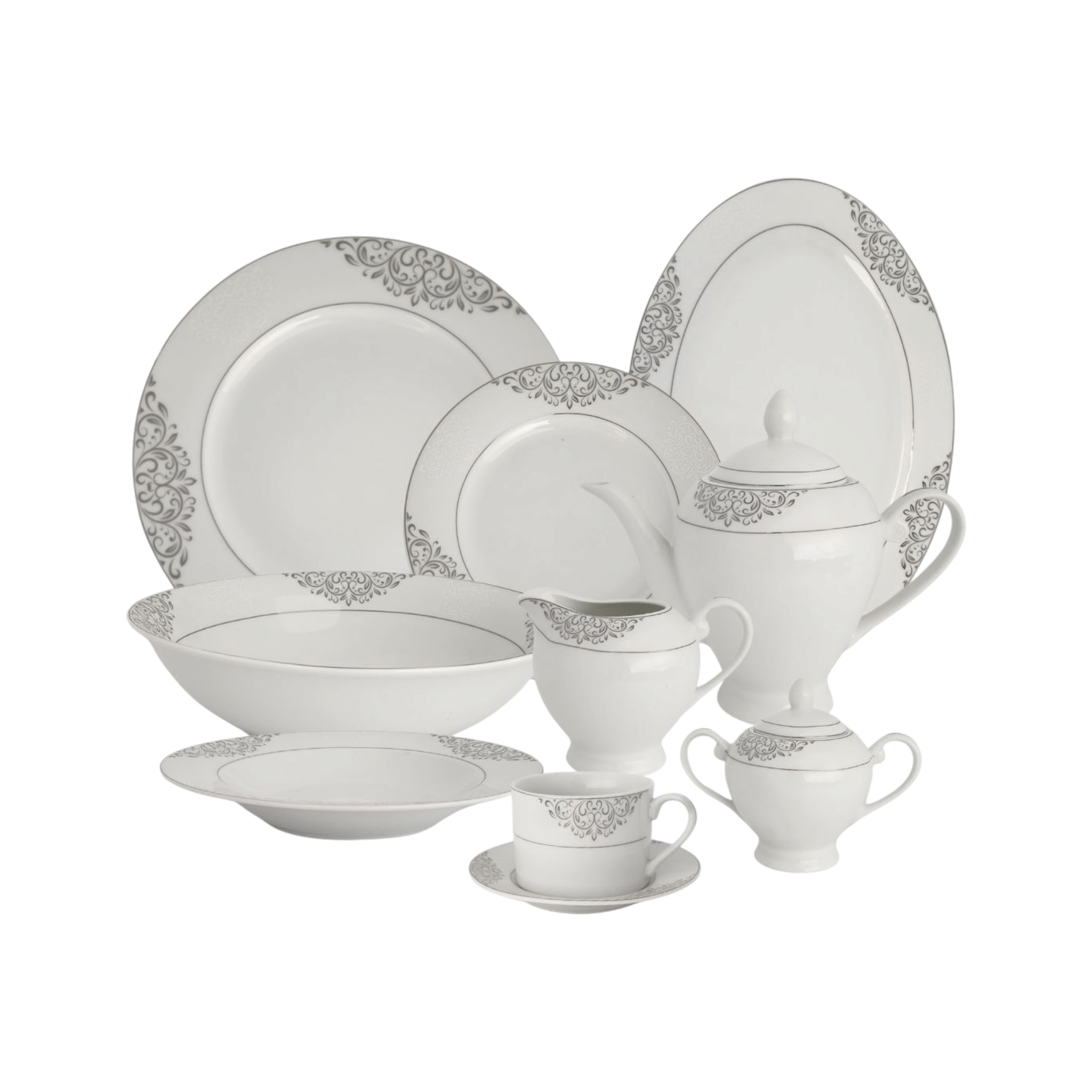 Porcelain Dinner Set 47pc Silver Flower Pattern Dinner SGN1423