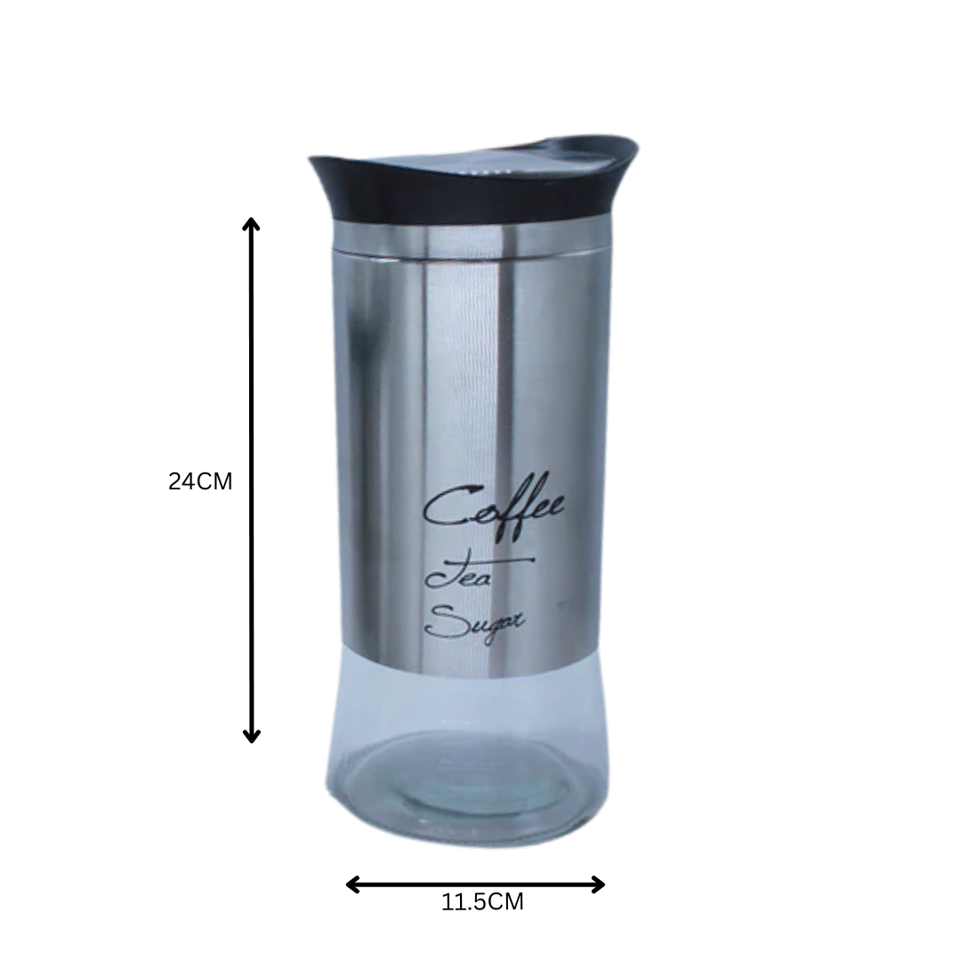 Glass Canister Set 3pc Tea/Coffee/Sugar Stainless Steel Outer SGN1777